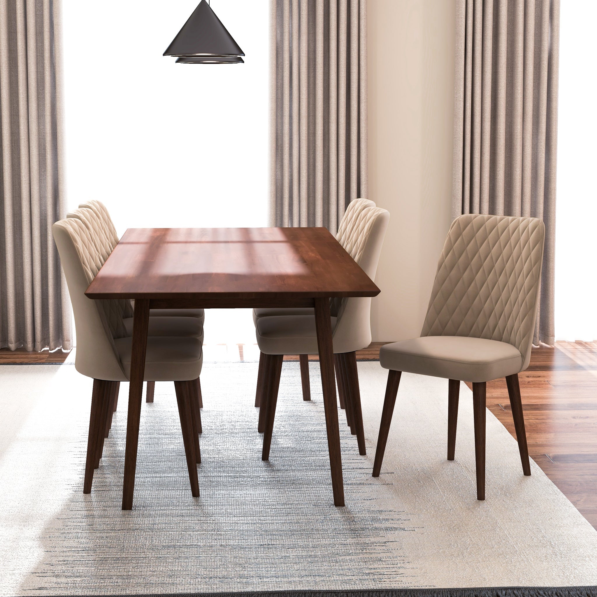 Adira XLarge Walnut Dining Set with 6 Evette Beige Velvet Dining Chairs