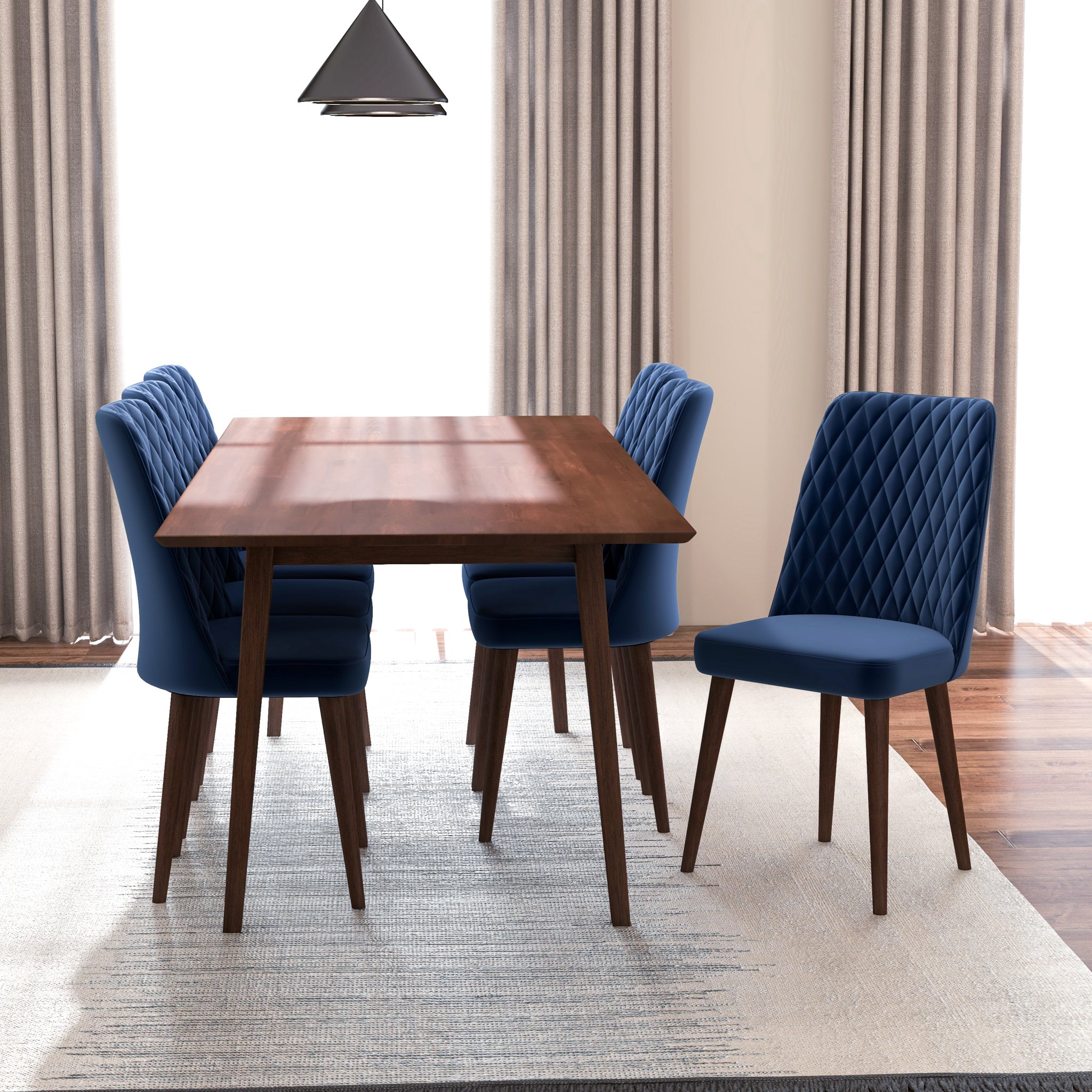 Adira XLarge Walnut Dining Set with 6 Evette Blue Velvet Dining Chairs