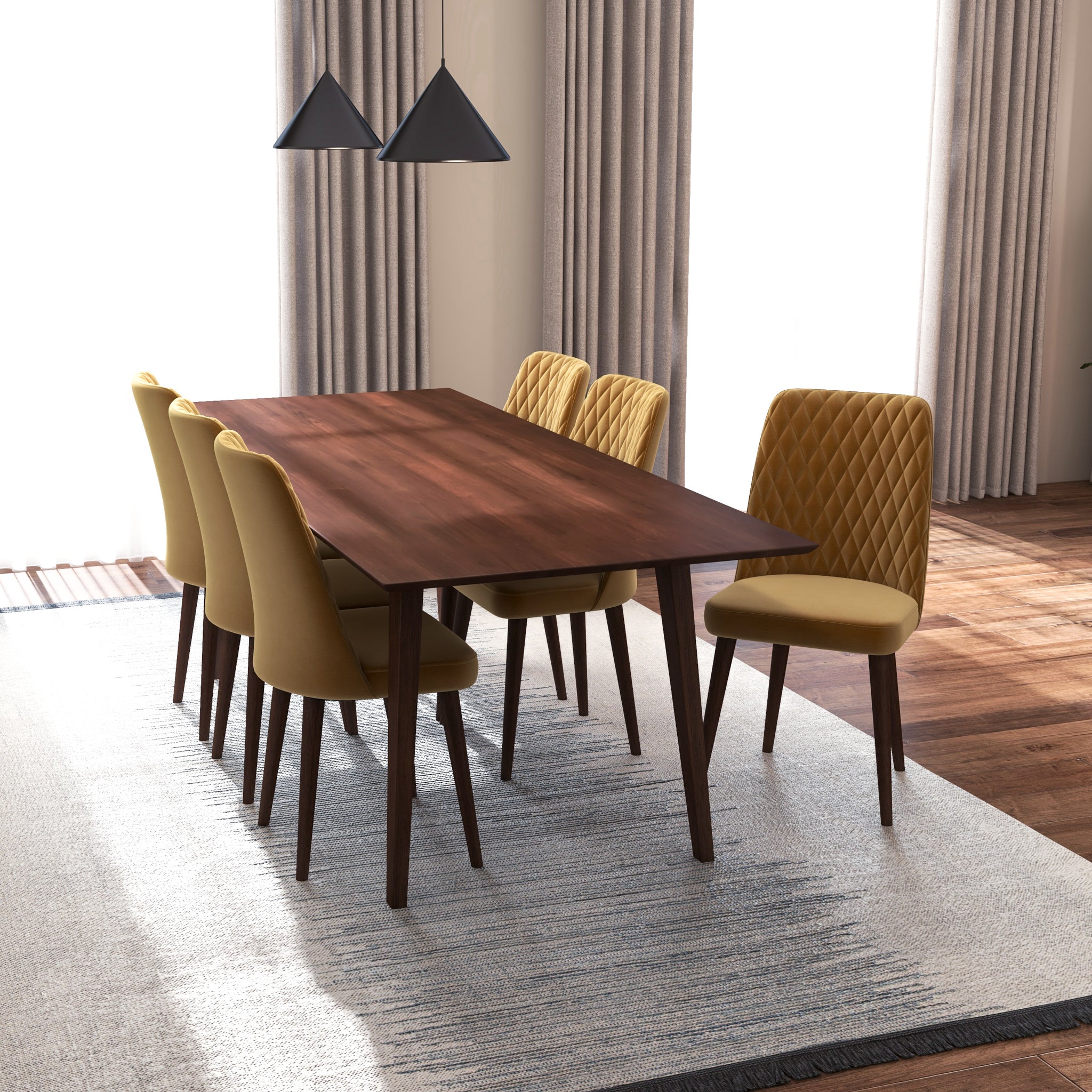 Adira XLarge Walnut Dining Set with 6 Evette Gold Velvet Dining Chairs