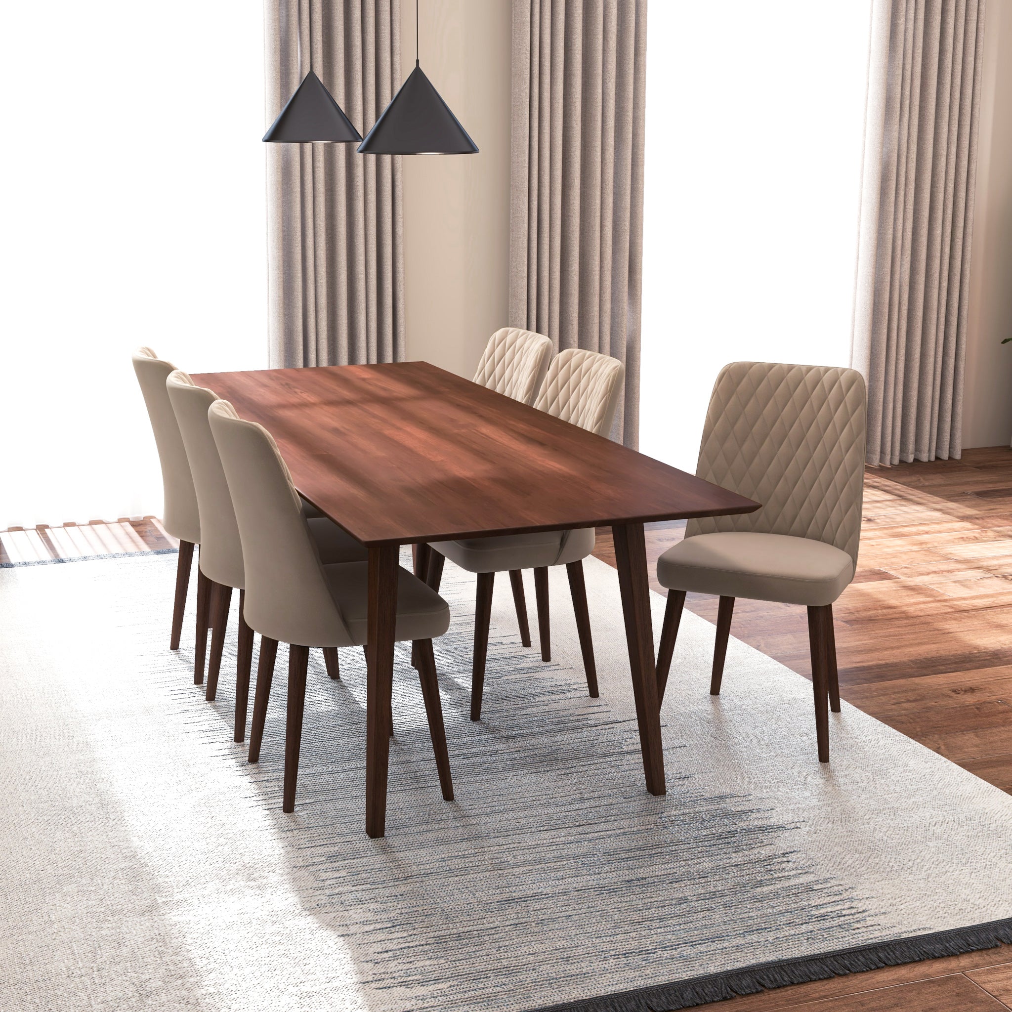 Adira XLarge Walnut Dining Set with 6 Evette Beige Velvet Dining Chairs