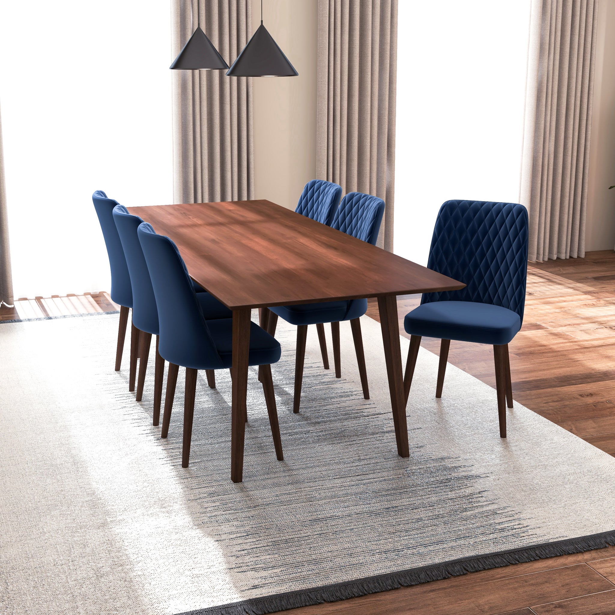 Adira XLarge Walnut Dining Set with 6 Evette Blue Velvet Dining Chairs