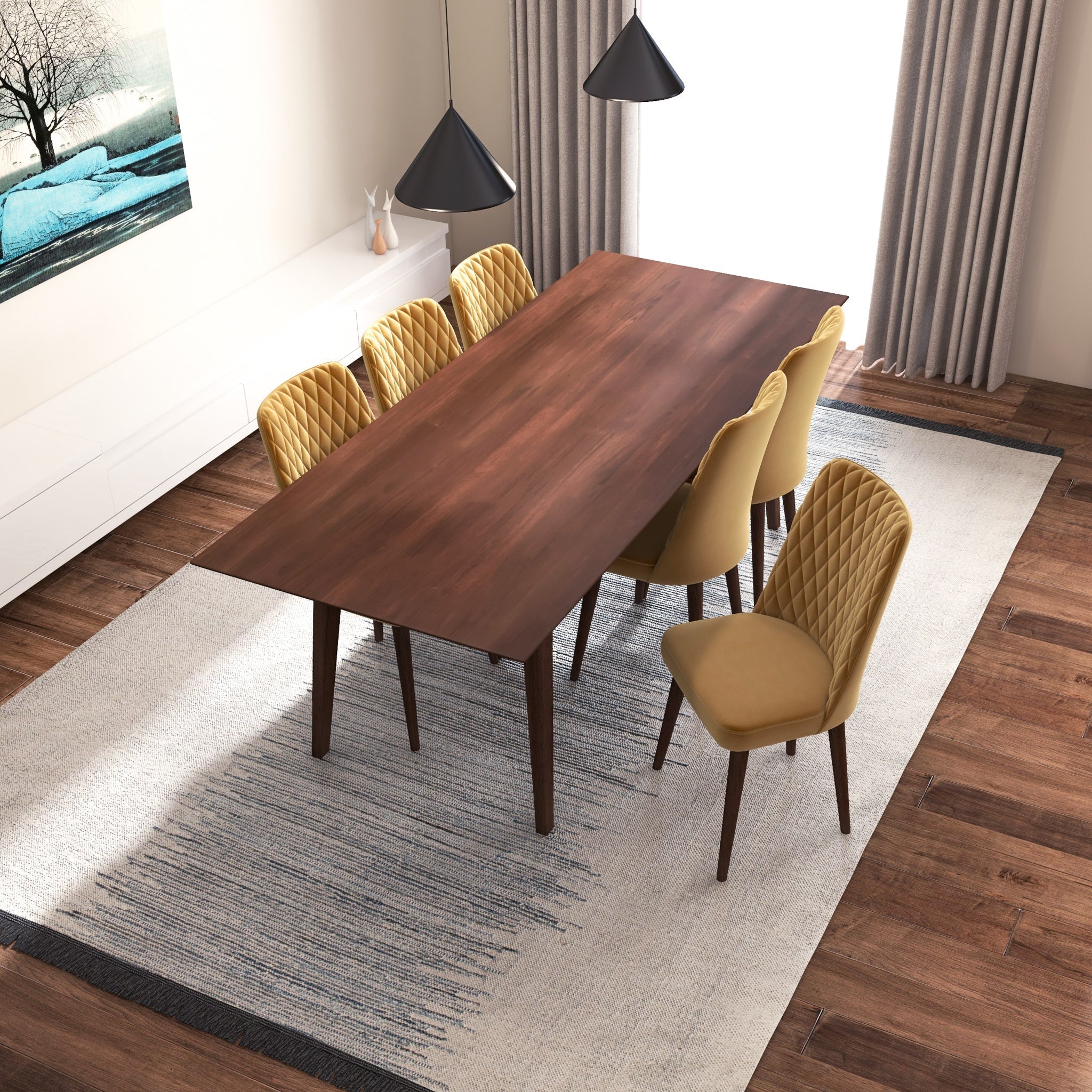 Adira XLarge Walnut Dining Set with 6 Evette Gold Velvet Dining Chairs