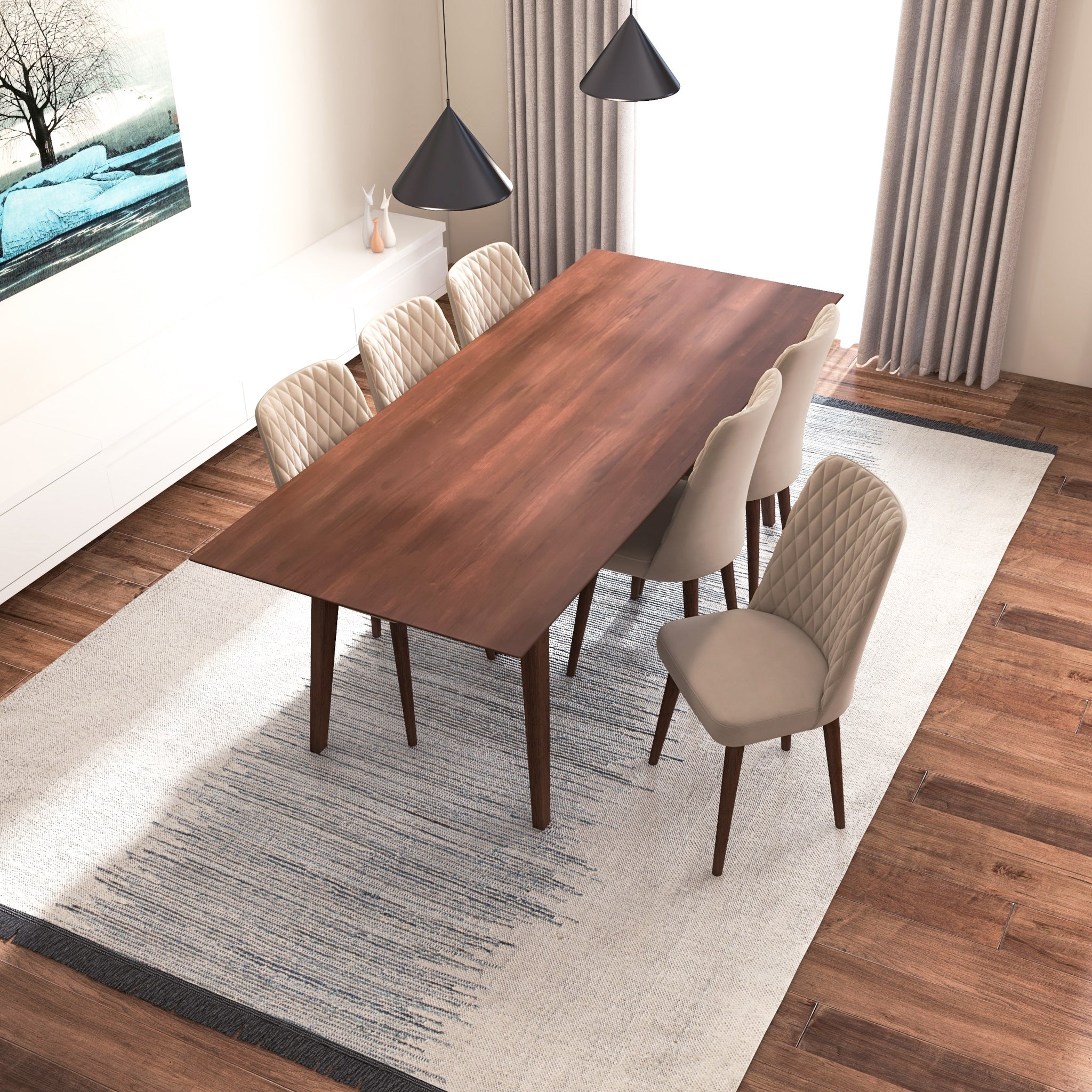 Adira XLarge Walnut Dining Set with 6 Evette Beige Velvet Dining Chairs