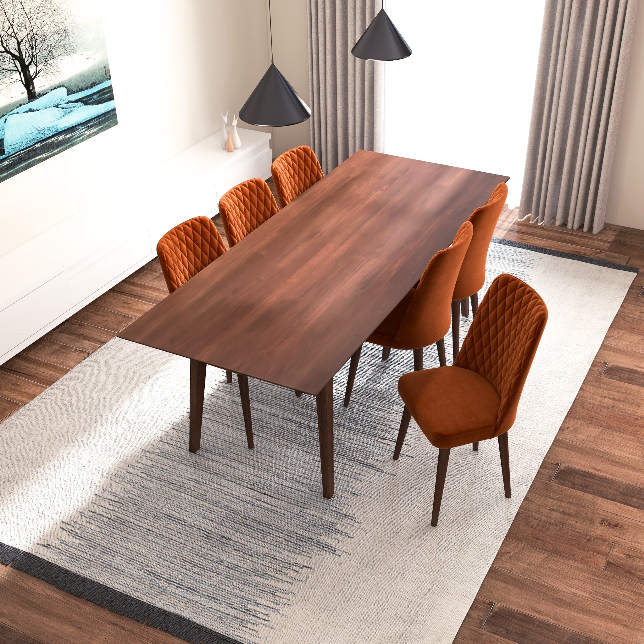 Adira XLarge Walnut Dining Set with 6 Evette Burnt Orange Velvet Dining Chairs