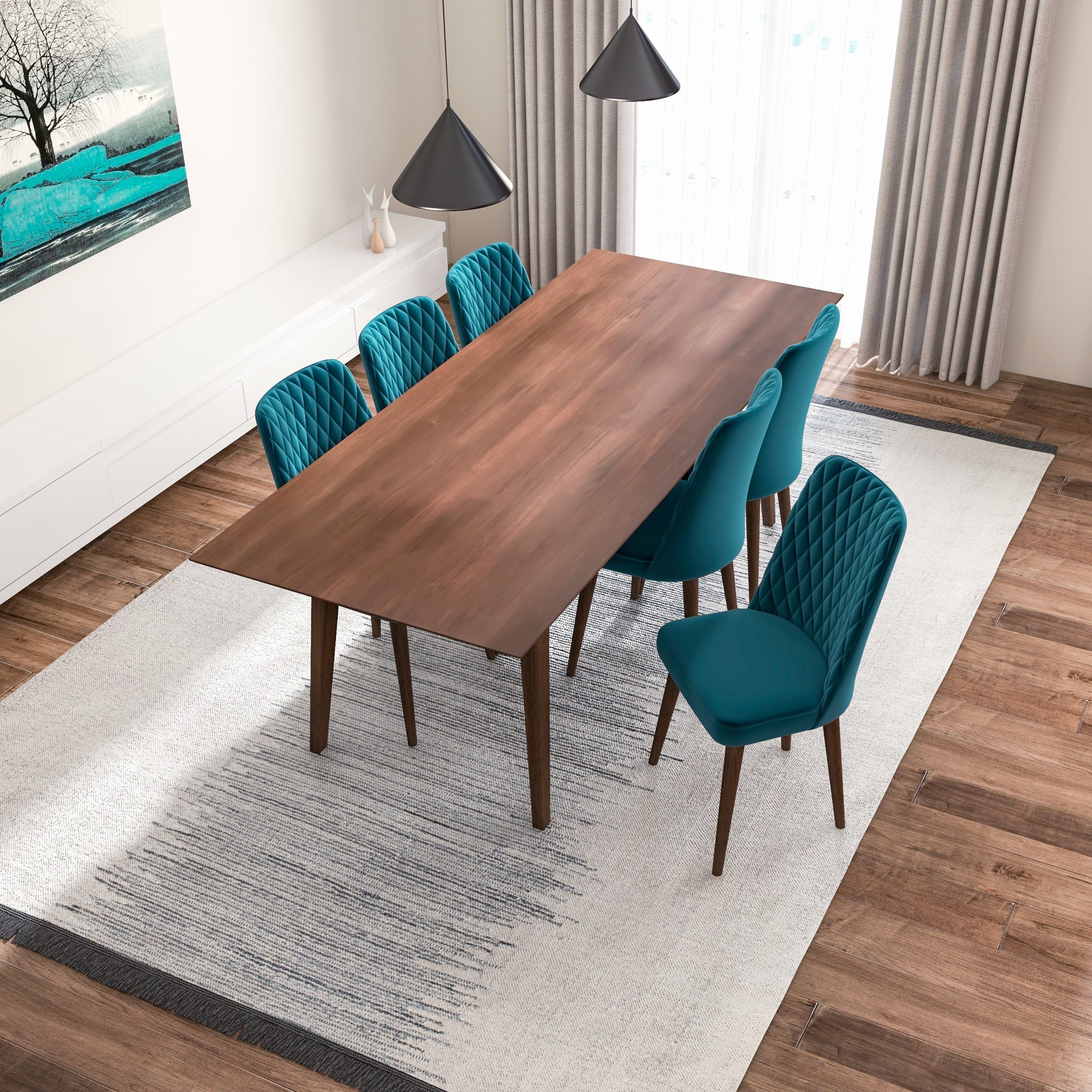 Adira XLarge Walnut Dining Set with 6 Evette Teal Velvet Dining Chairs