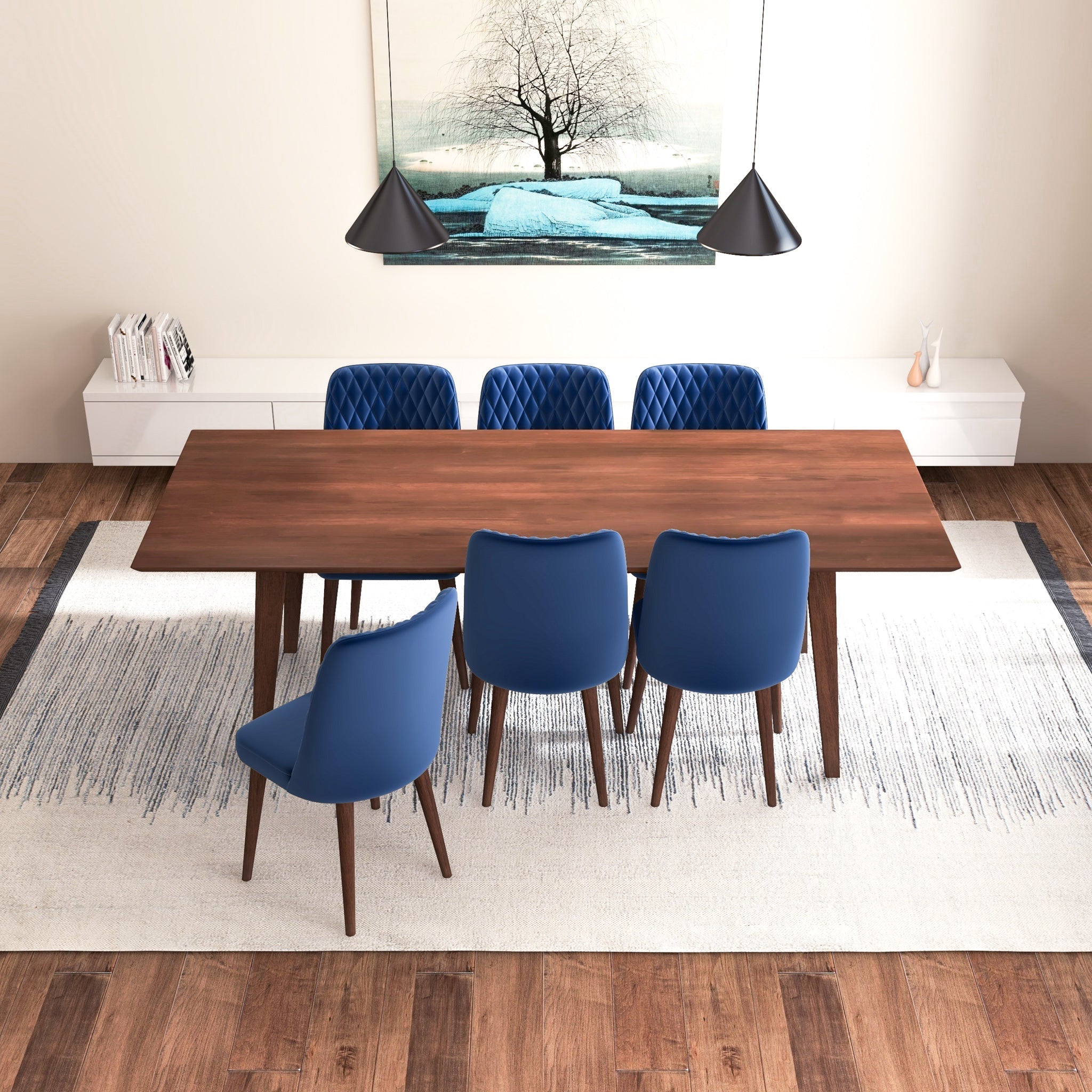 Adira XLarge Walnut Dining Set with 6 Evette Blue Velvet Dining Chairs