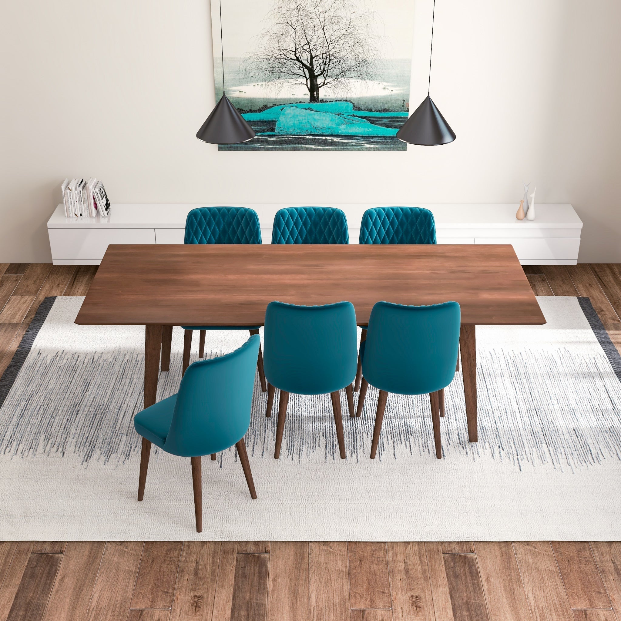 Adira XLarge Walnut Dining Set with 6 Evette Teal Velvet Dining Chairs