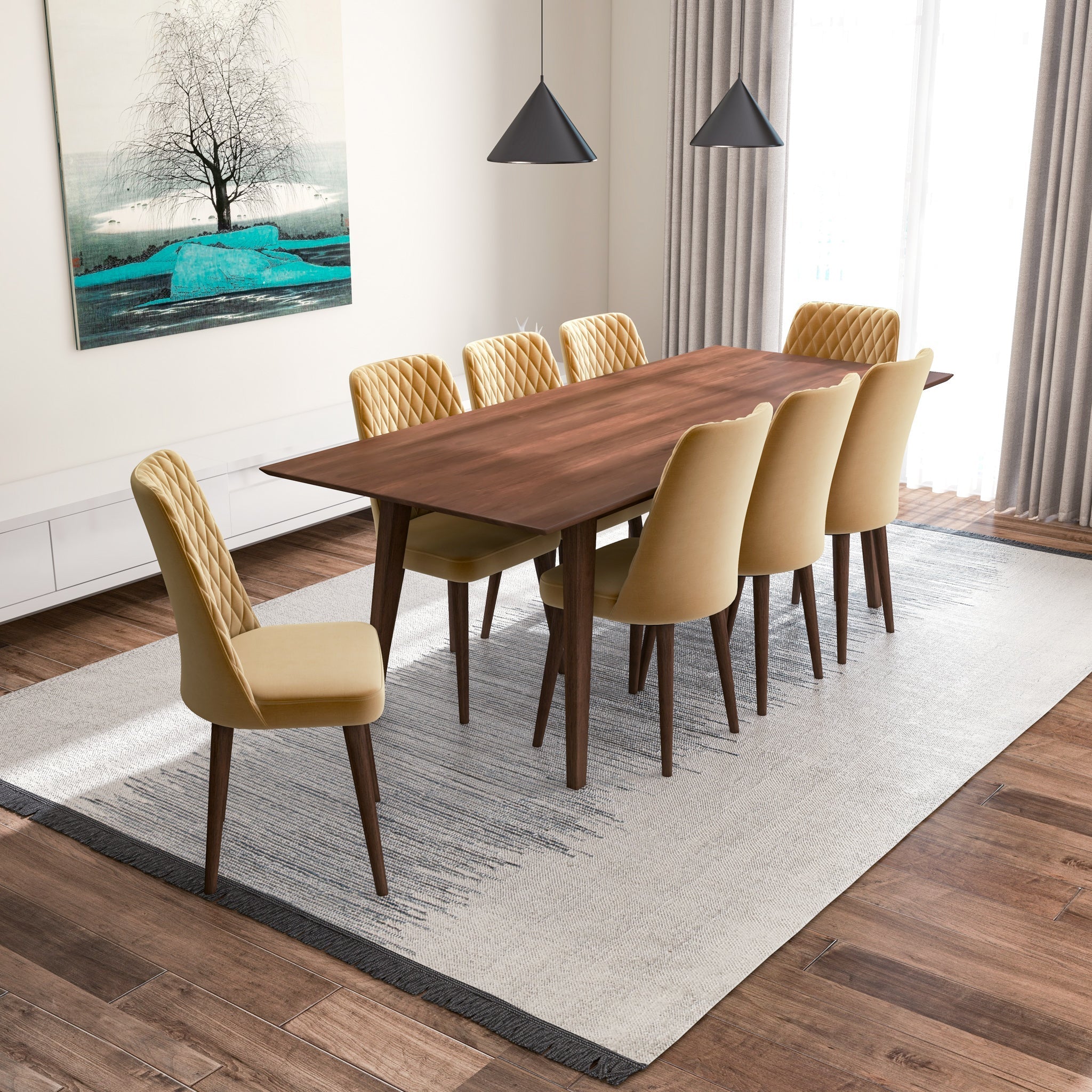 Adira XL Walnut Dining Set with 8 Evette Gold Velvet Dining Chairs