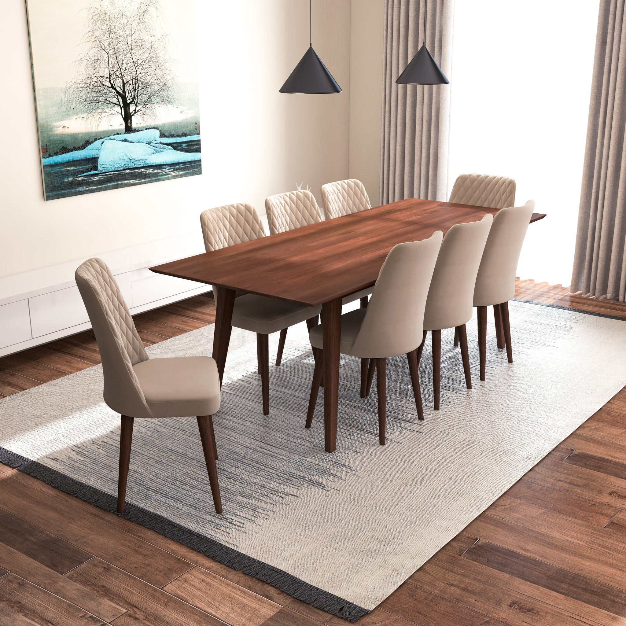 Adira XLarge Walnut Dining Set with 8 Evette Beige Velvet Dining Chairs