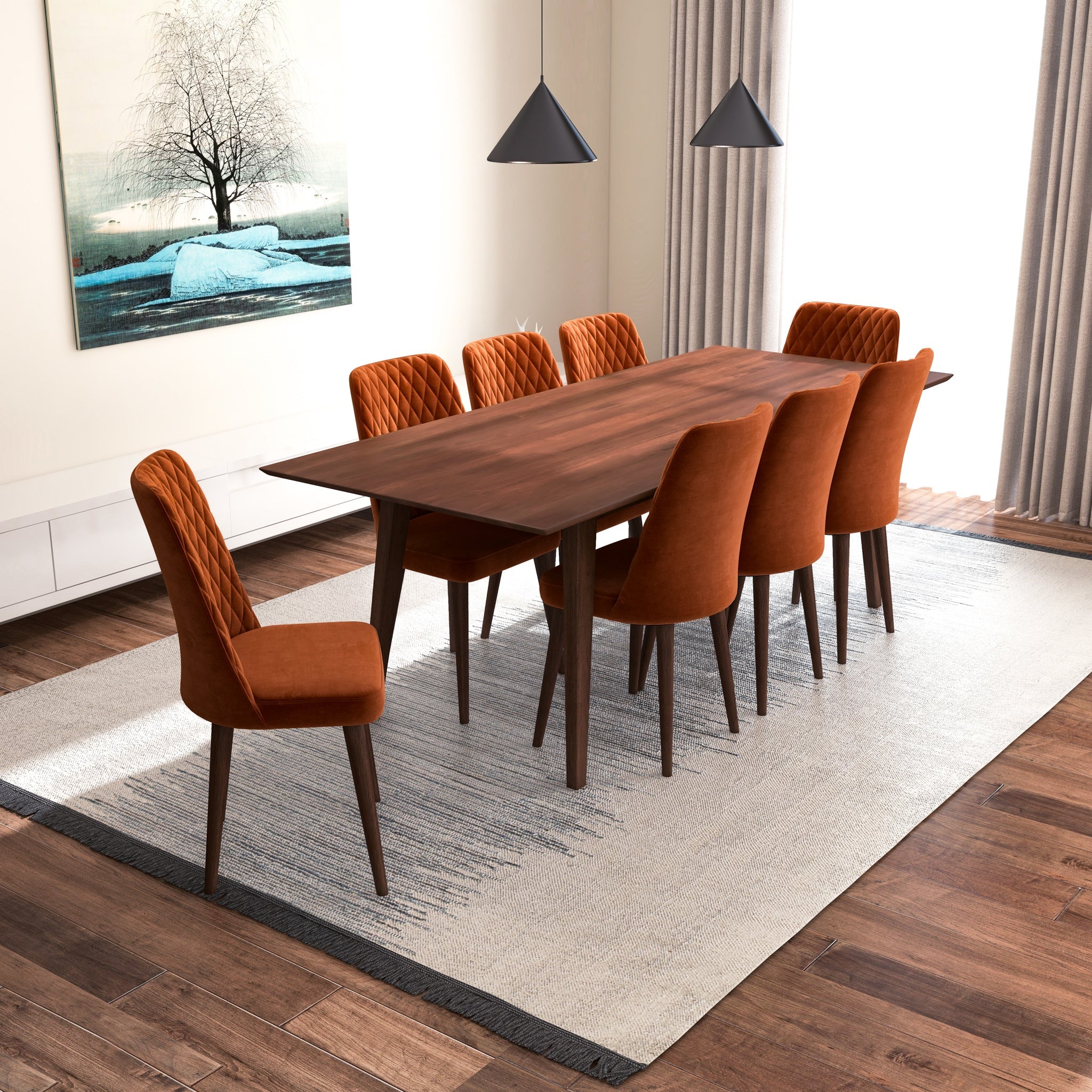 Adira XLarge Walnut Dining Set with 8 Evette Burnt Orange Velvet Dining Chairs