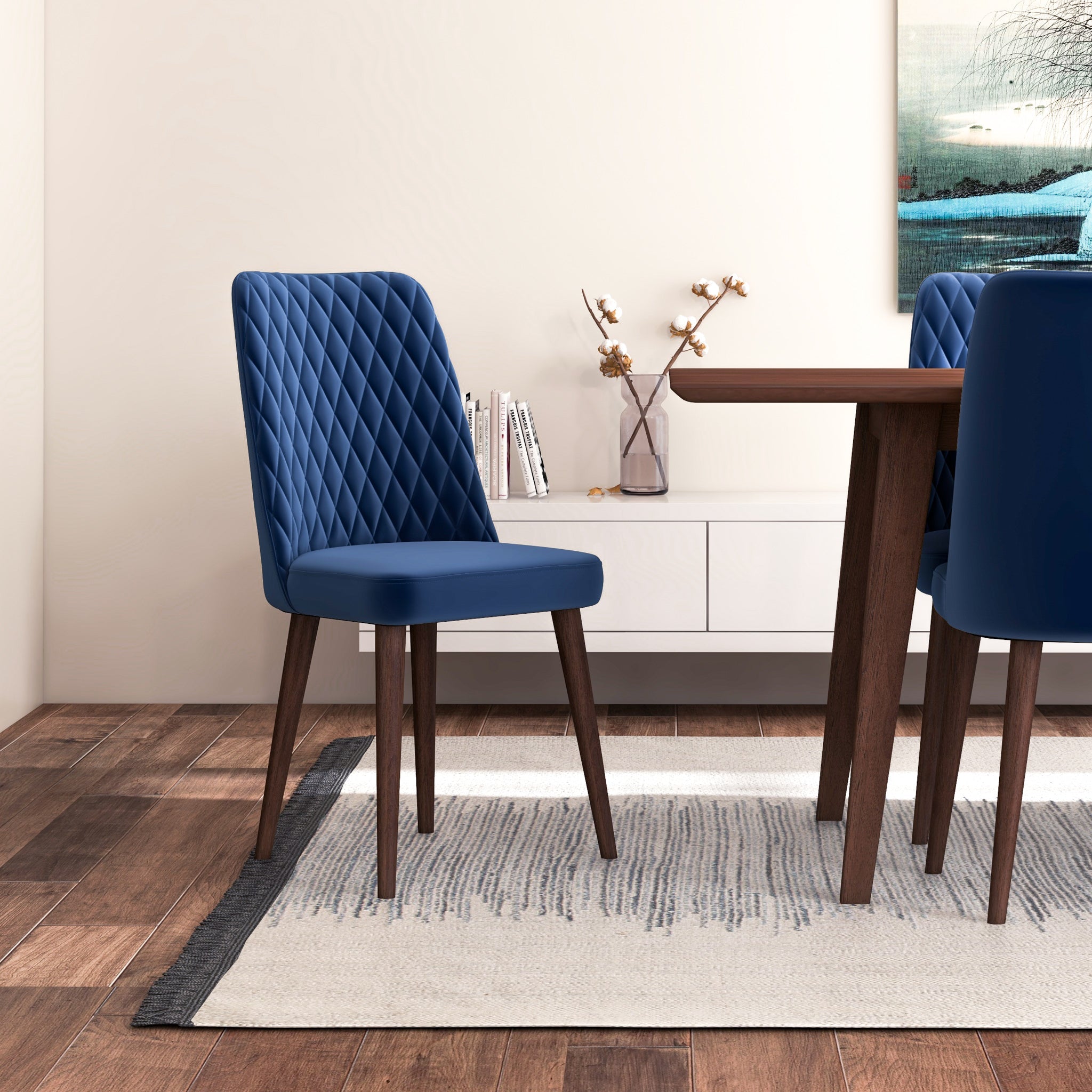 Adira XLarge Walnut Dining Set with 8 Evette Blue Velvet Dining Chairs