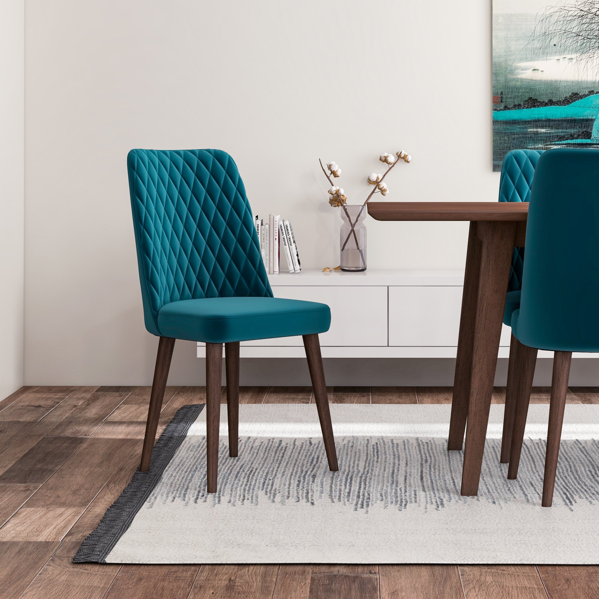 Adira XLarge Walnut Dining Set with 8 Evette Teal Velvet Dining Chairs