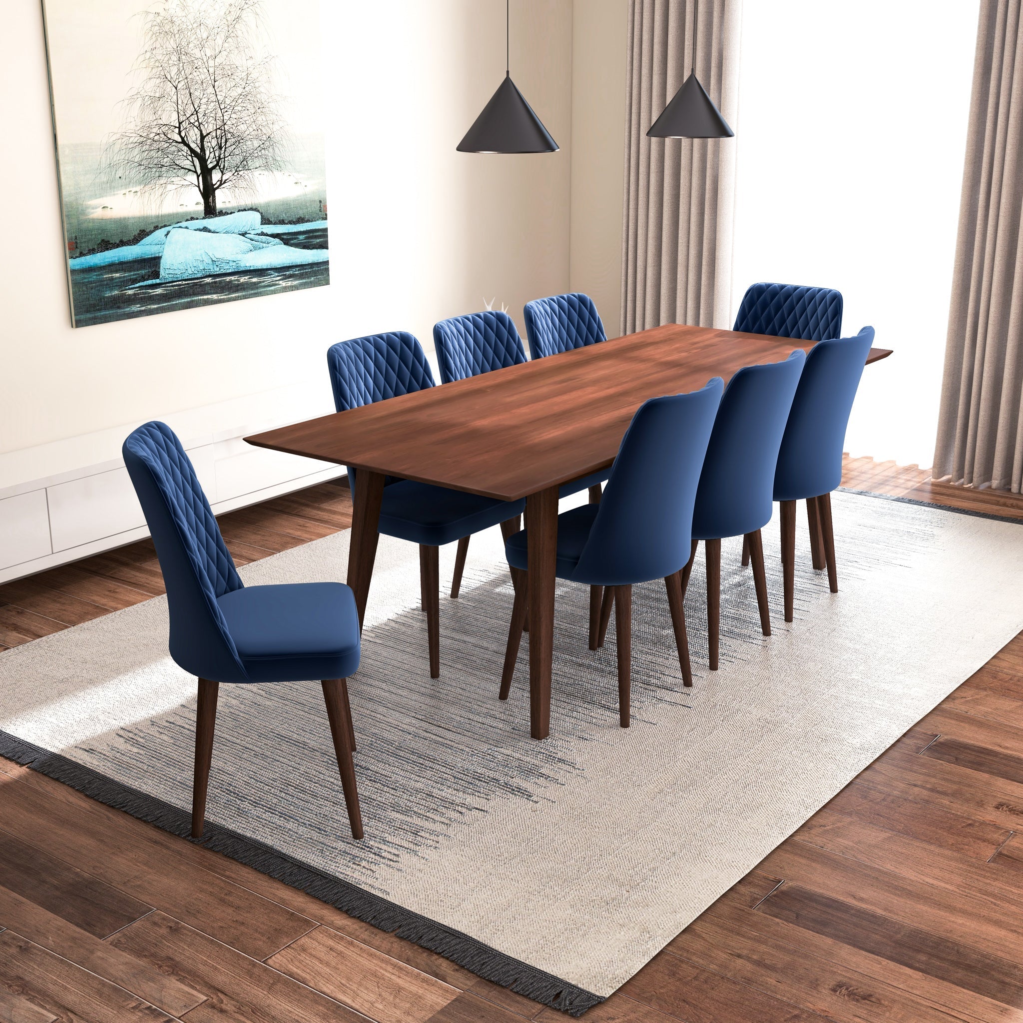 Adira XLarge Walnut Dining Set with 8 Evette Blue Velvet Dining Chairs