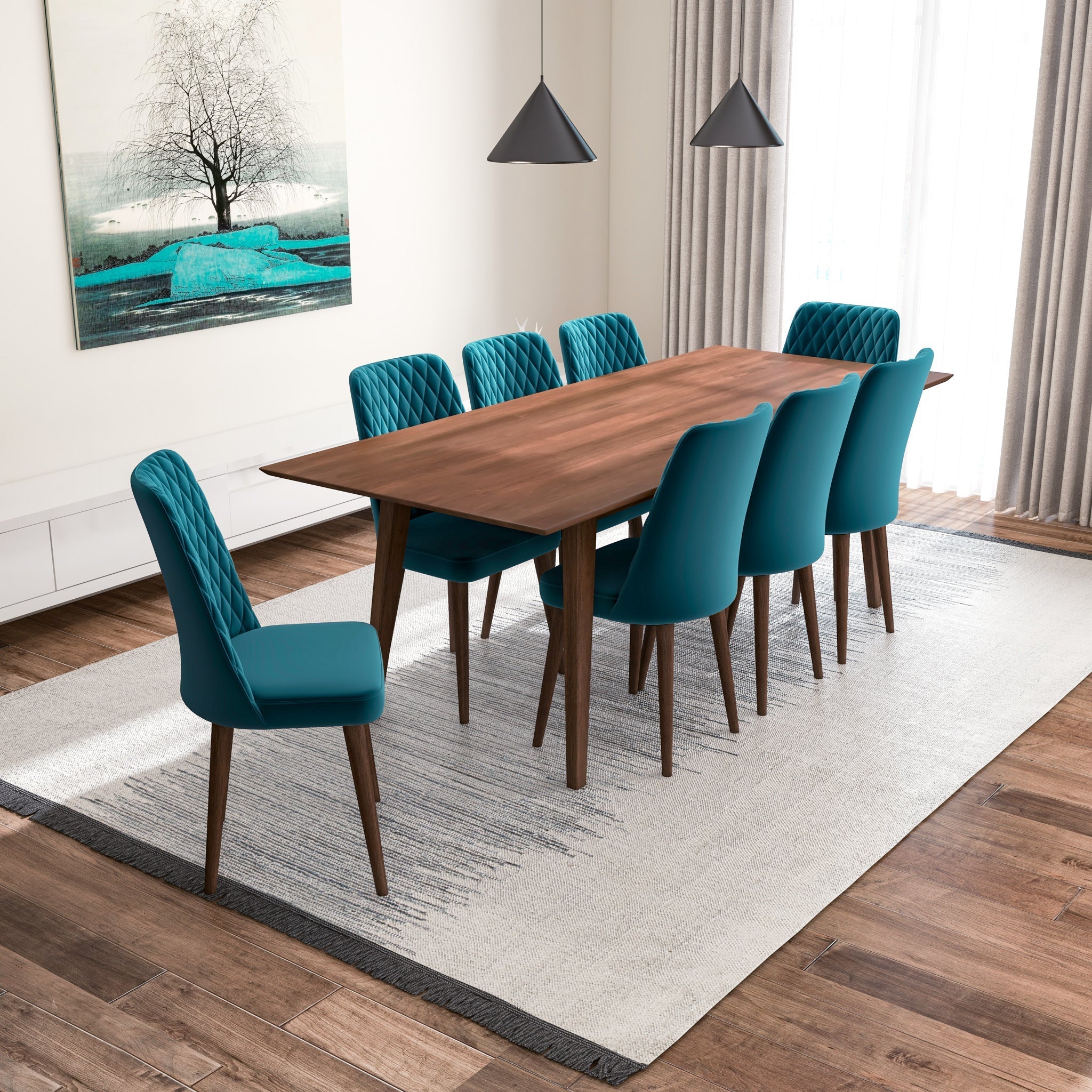 Adira XLarge Walnut Dining Set with 8 Evette Teal Velvet Dining Chairs