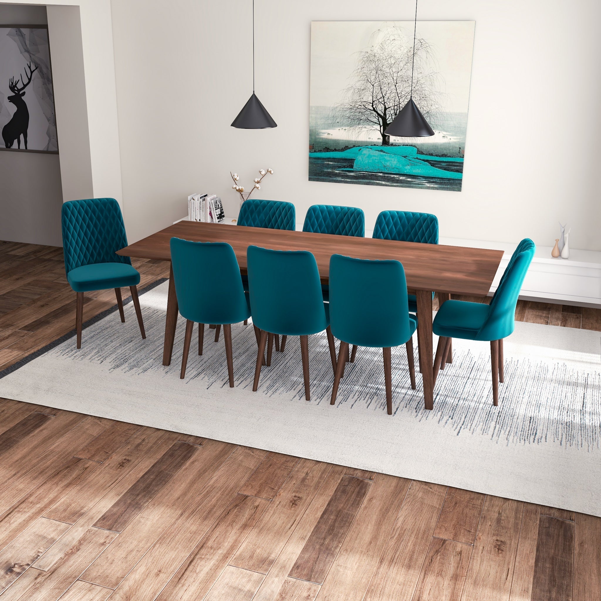 Adira XLarge Walnut Dining Set with 8 Evette Teal Velvet Dining Chairs