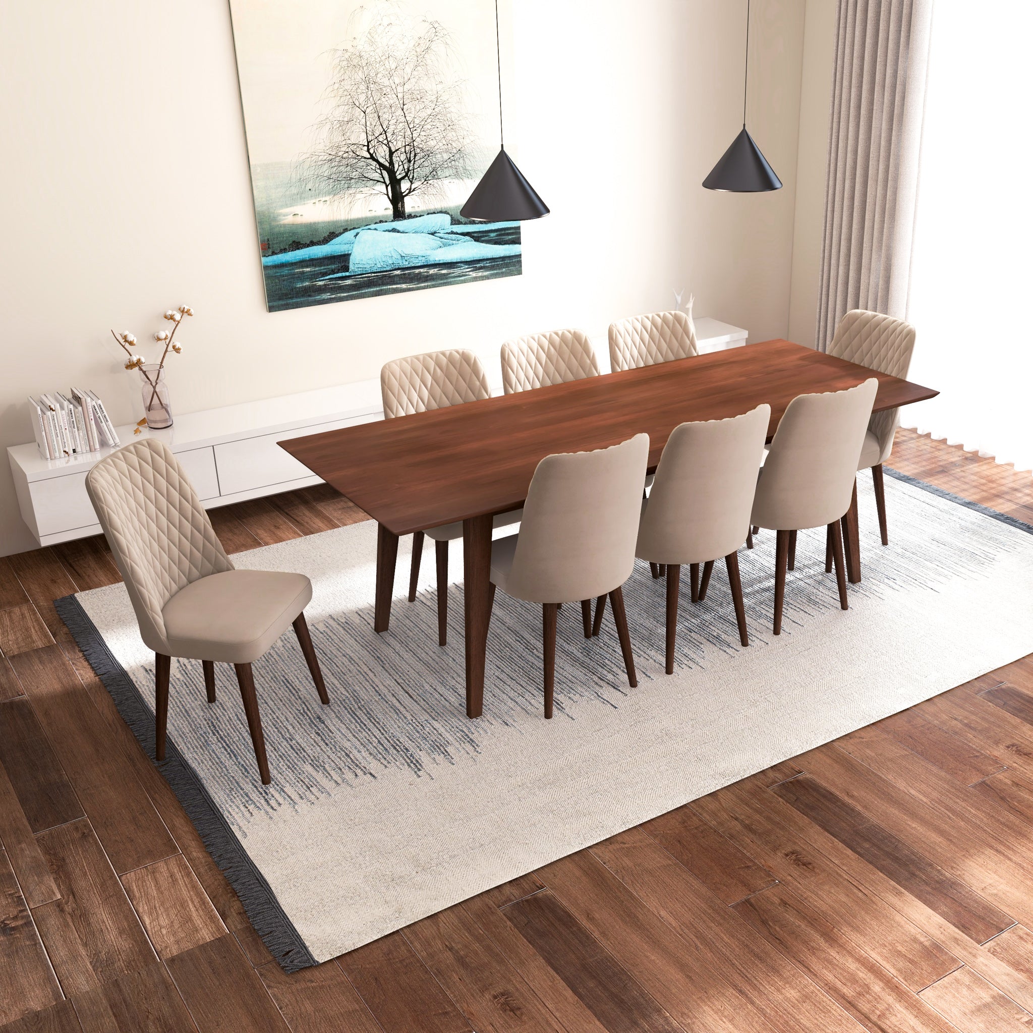 Adira XLarge Walnut Dining Set with 8 Evette Beige Velvet Dining Chairs