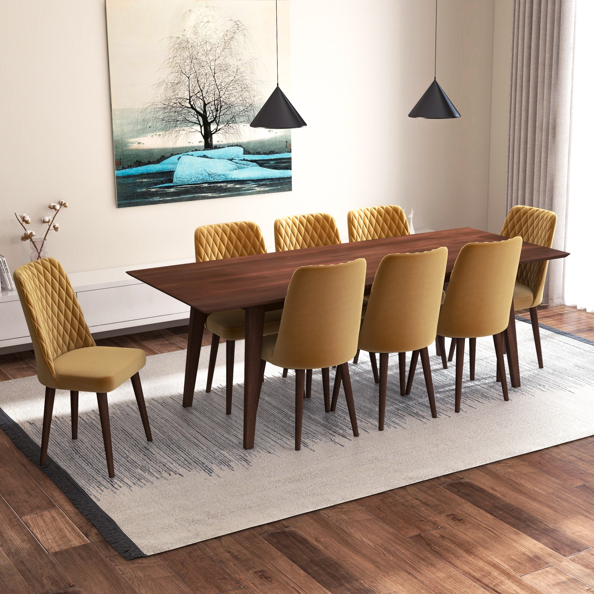 Adira XL Walnut Dining Set with 8 Evette Gold Velvet Dining Chairs