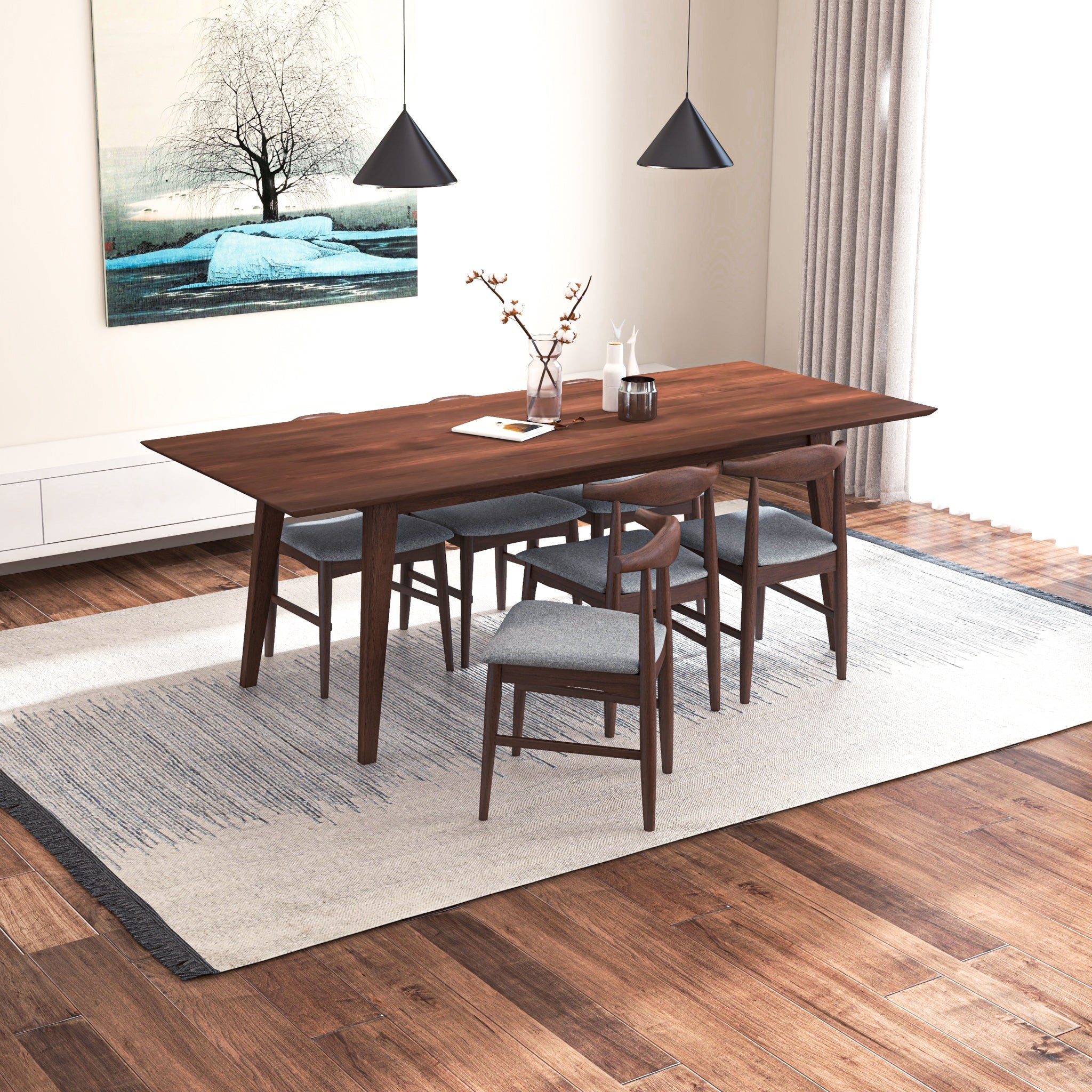 Dining Set, Adira Walnut XLarge Table with 6 Winston Grey Chairs