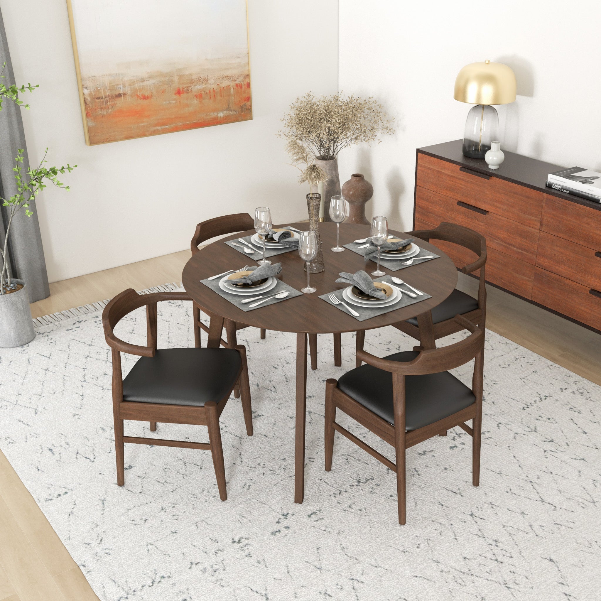 Aliana Walnut Dining Set with 4 Zola Black Leather Chairs