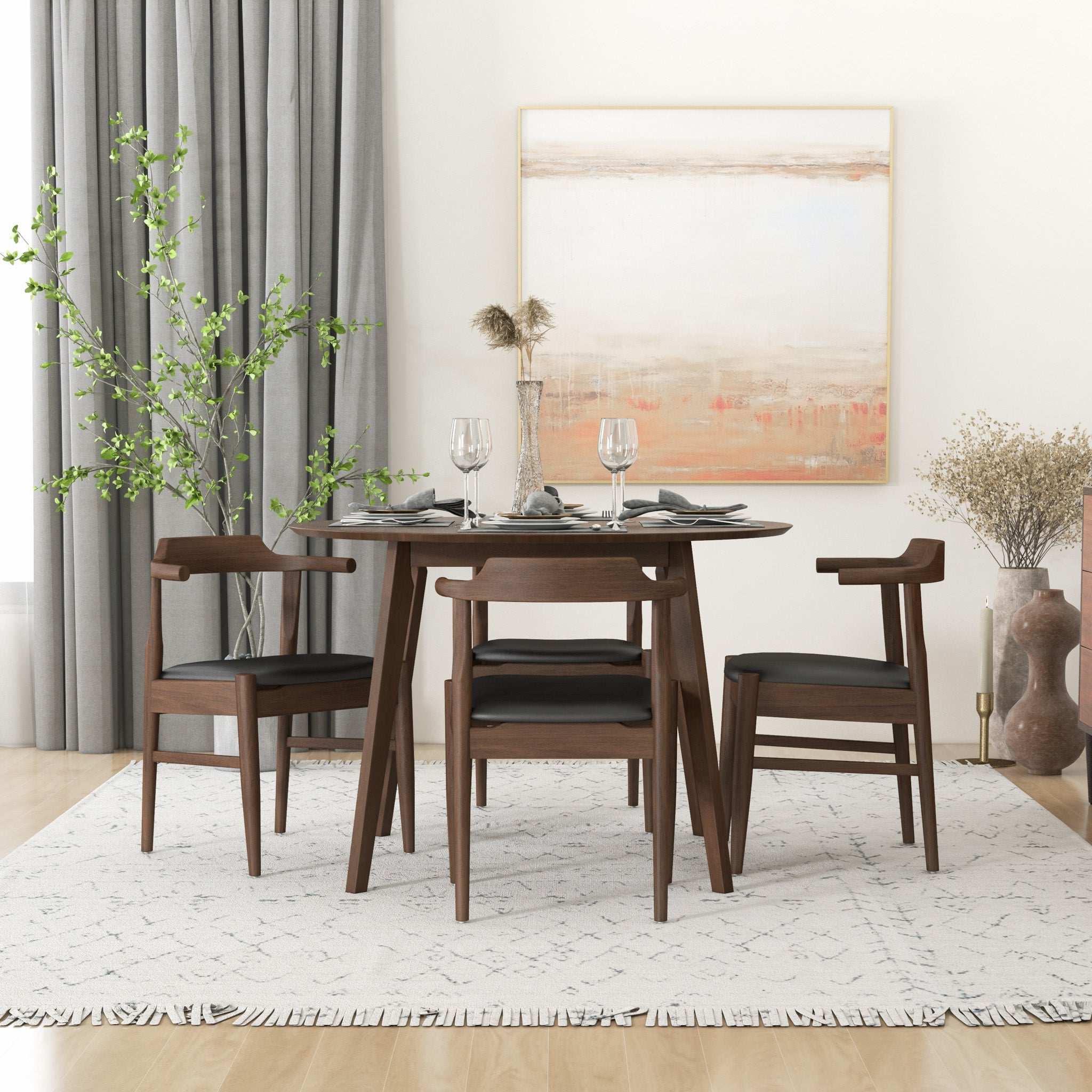 Aliana Walnut Dining Set with 4 Zola Black Leather Chairs