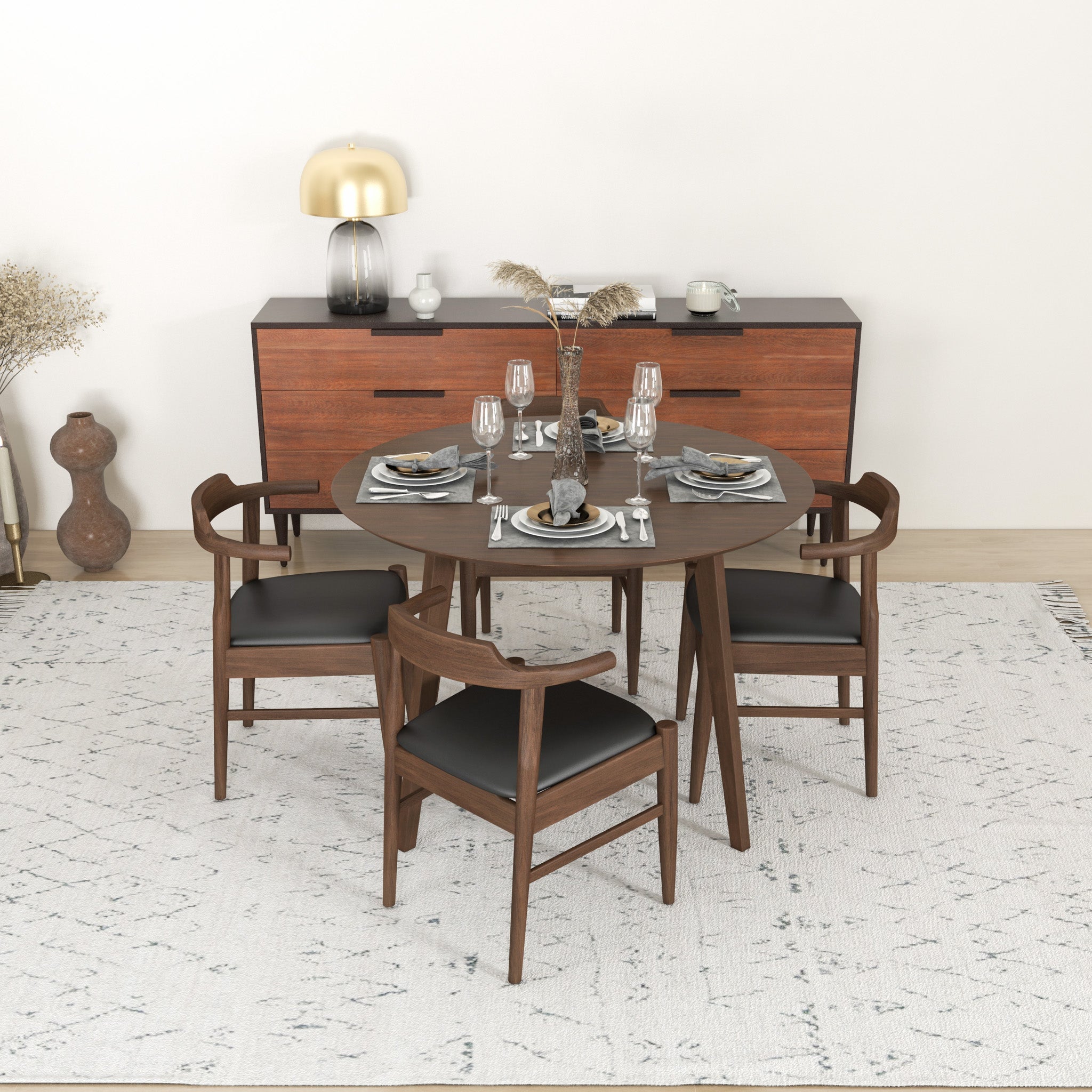 Aliana Walnut Dining Set with 4 Zola Black Leather Chairs