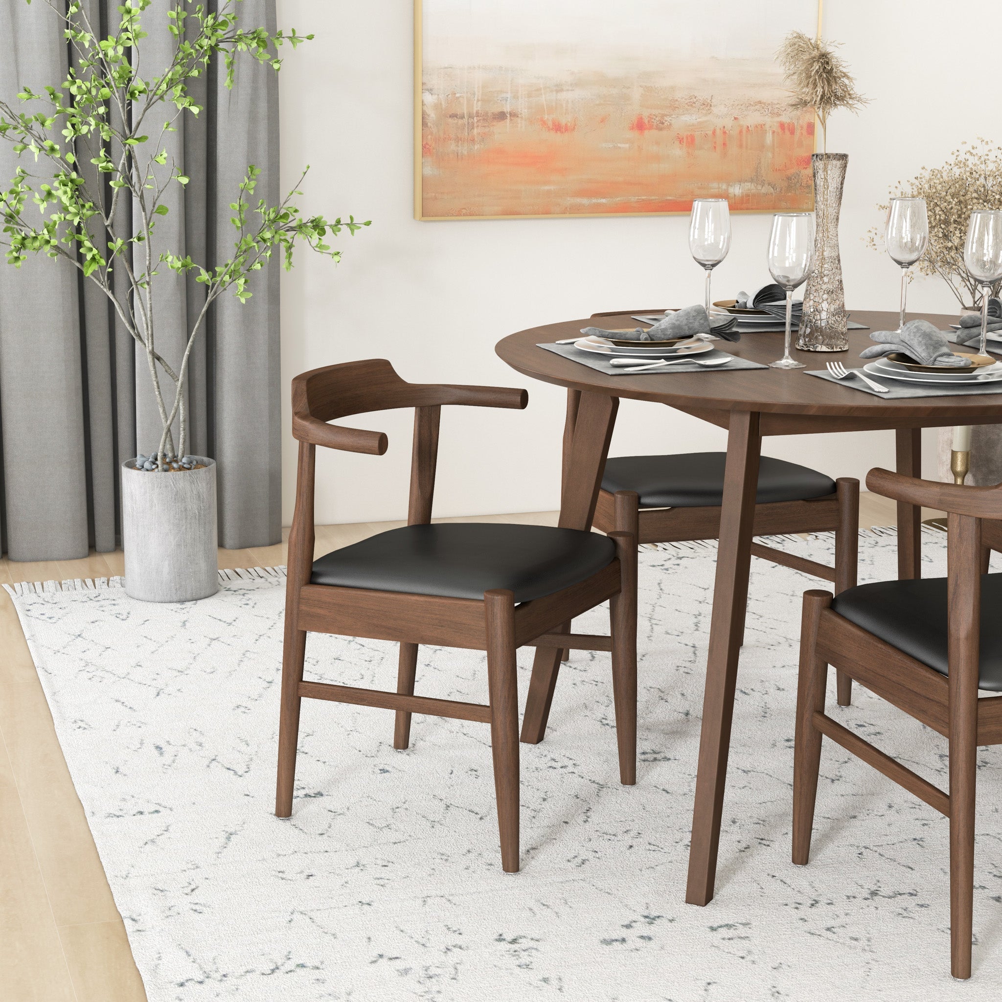 Aliana Walnut Dining Set with 4 Zola Black Leather Chairs