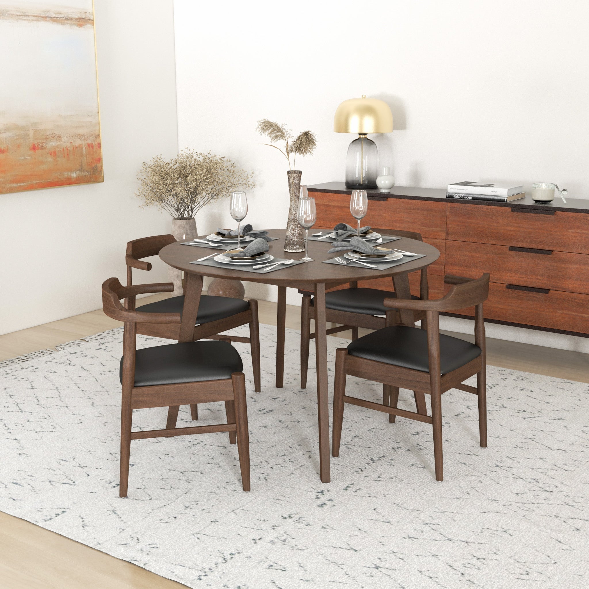 Aliana Walnut Dining Set with 4 Zola Black Leather Chairs