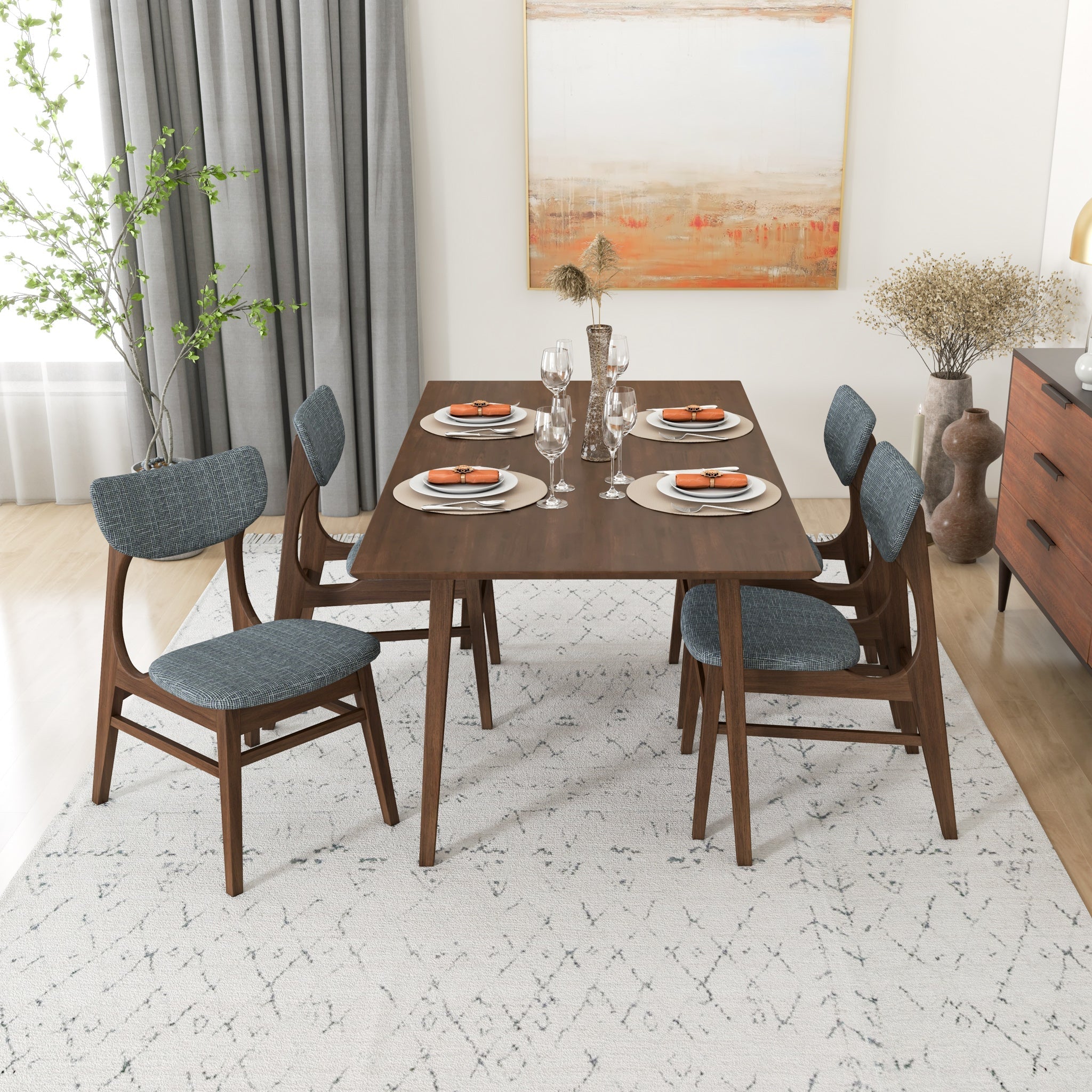 Alpine Large Dining Set with 4 Collins Dining Chairs Walnut