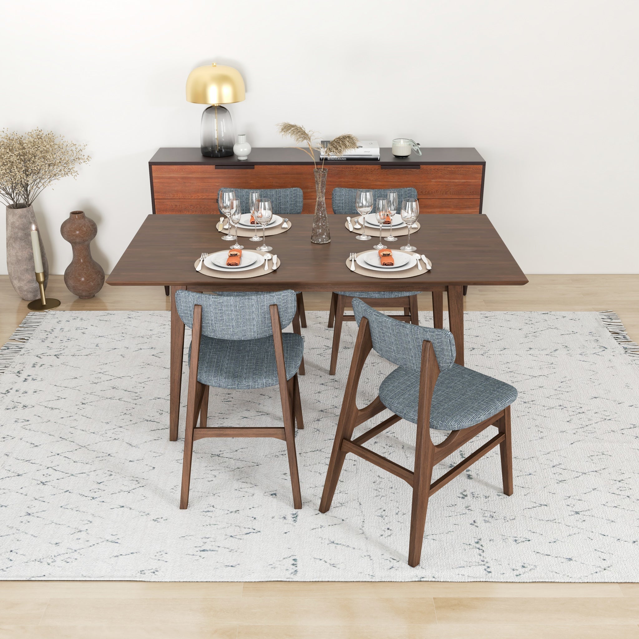 Alpine Large Dining Set with 4 Collins Dining Chairs Walnut