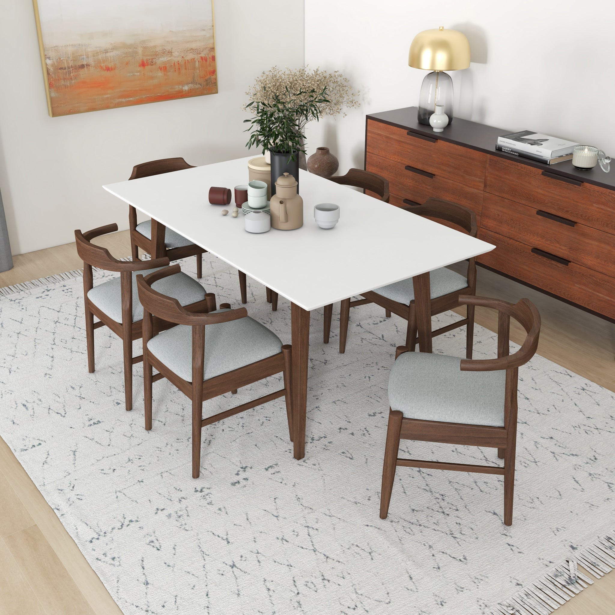 Alpine Large WHITE Dining Set with 6 Zola Gray Fabric Dining Chairs