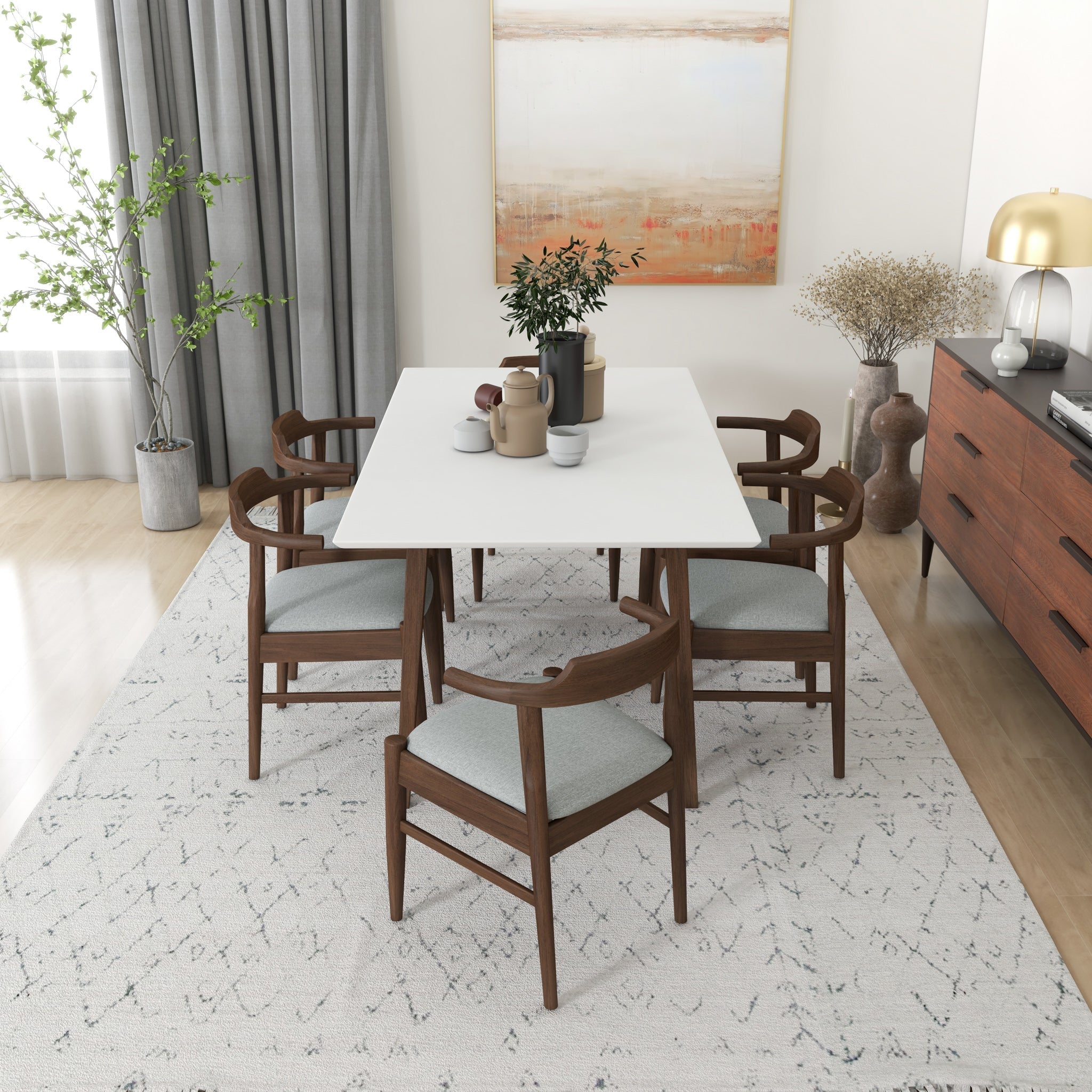 Alpine Large WHITE Dining Set with 6 Zola Gray Fabric Dining Chairs