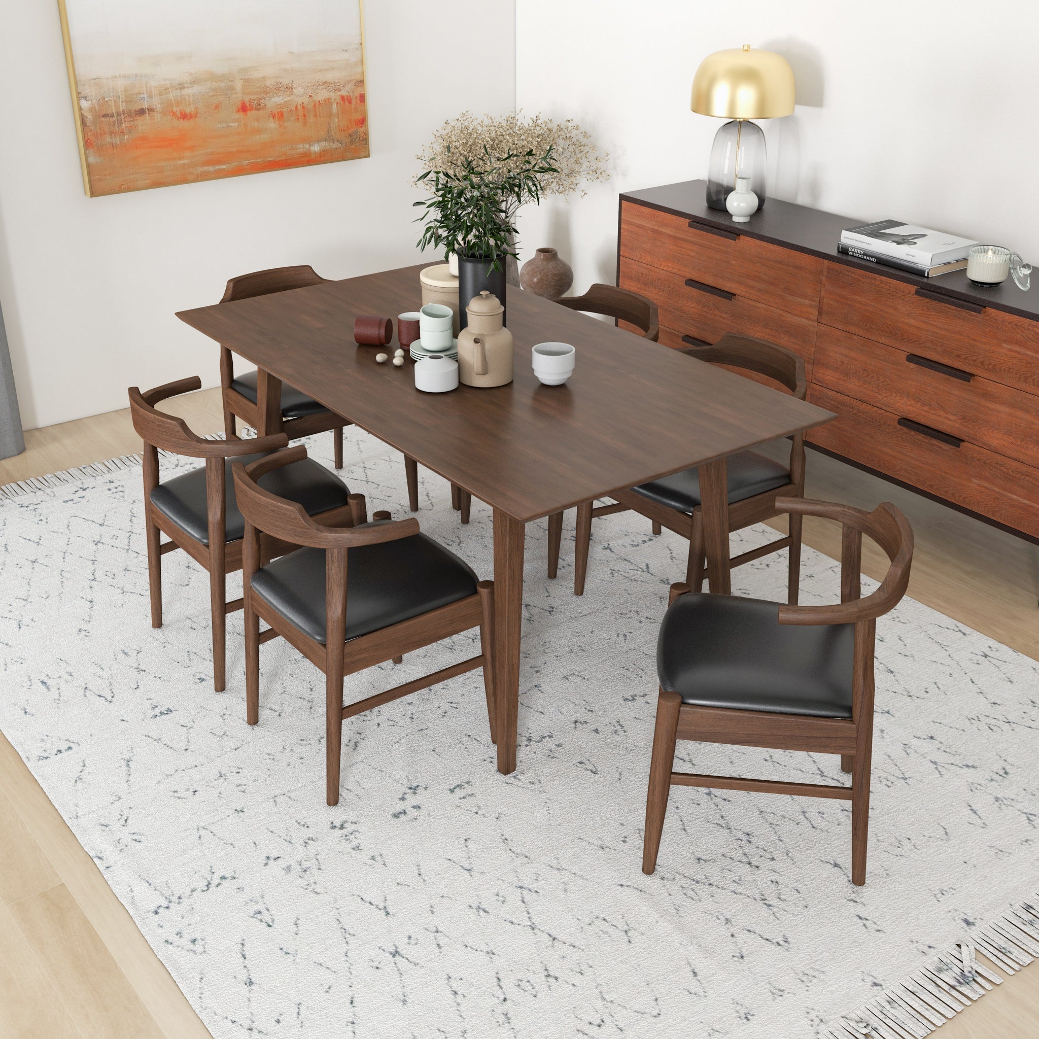 Dining Set, Alpine Large Table Walnut with 6 Zola Chairs Black PU