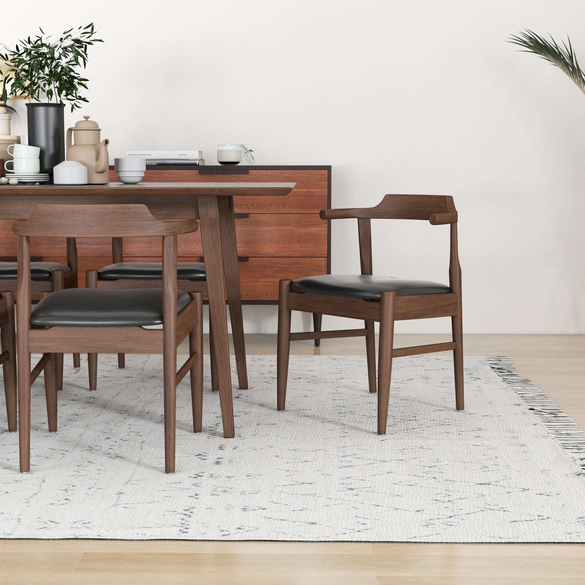 Dining Set, Alpine Large Table Walnut with 6 Zola Chairs Black PU