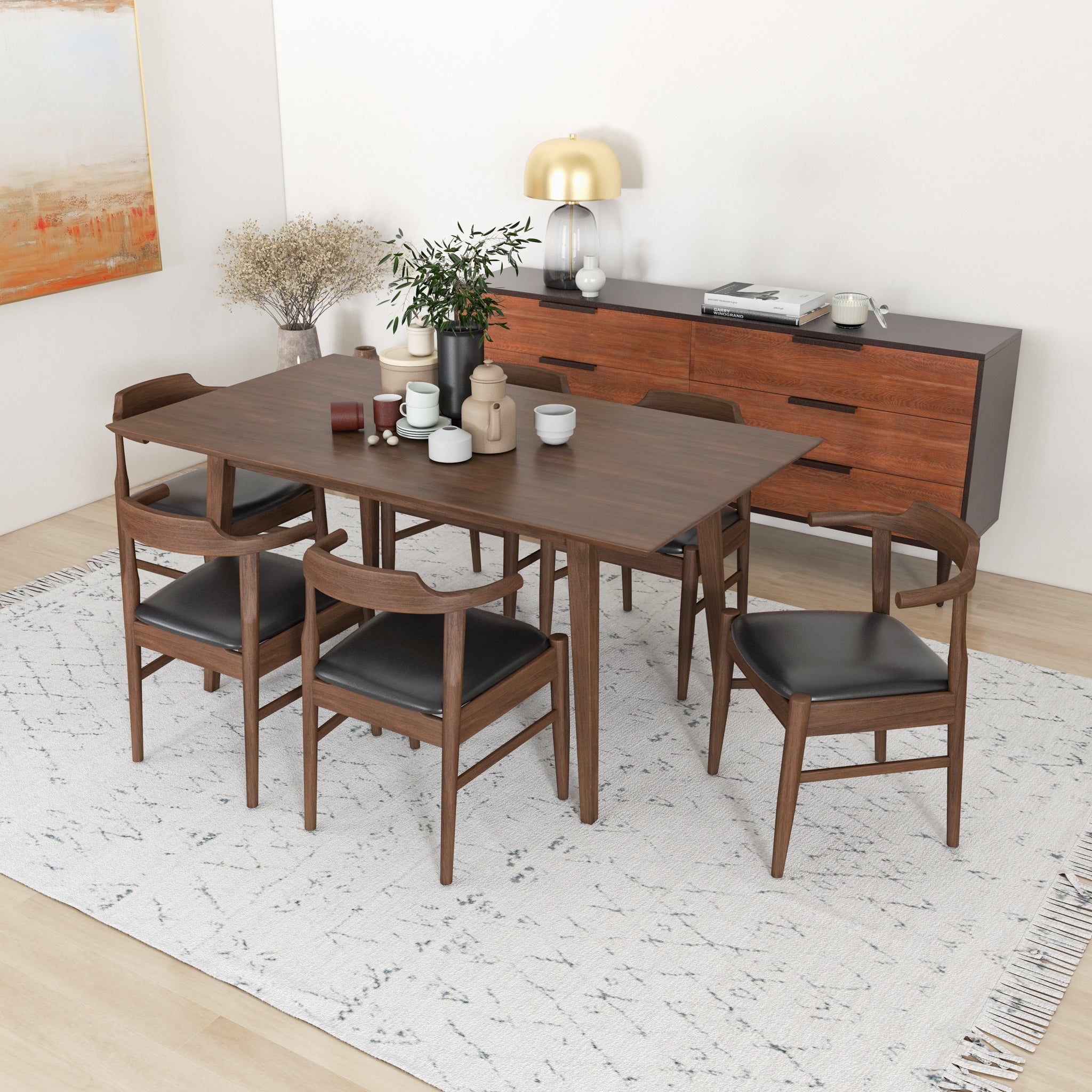 Dining Set, Alpine Large Table Walnut with 6 Zola Chairs Black PU