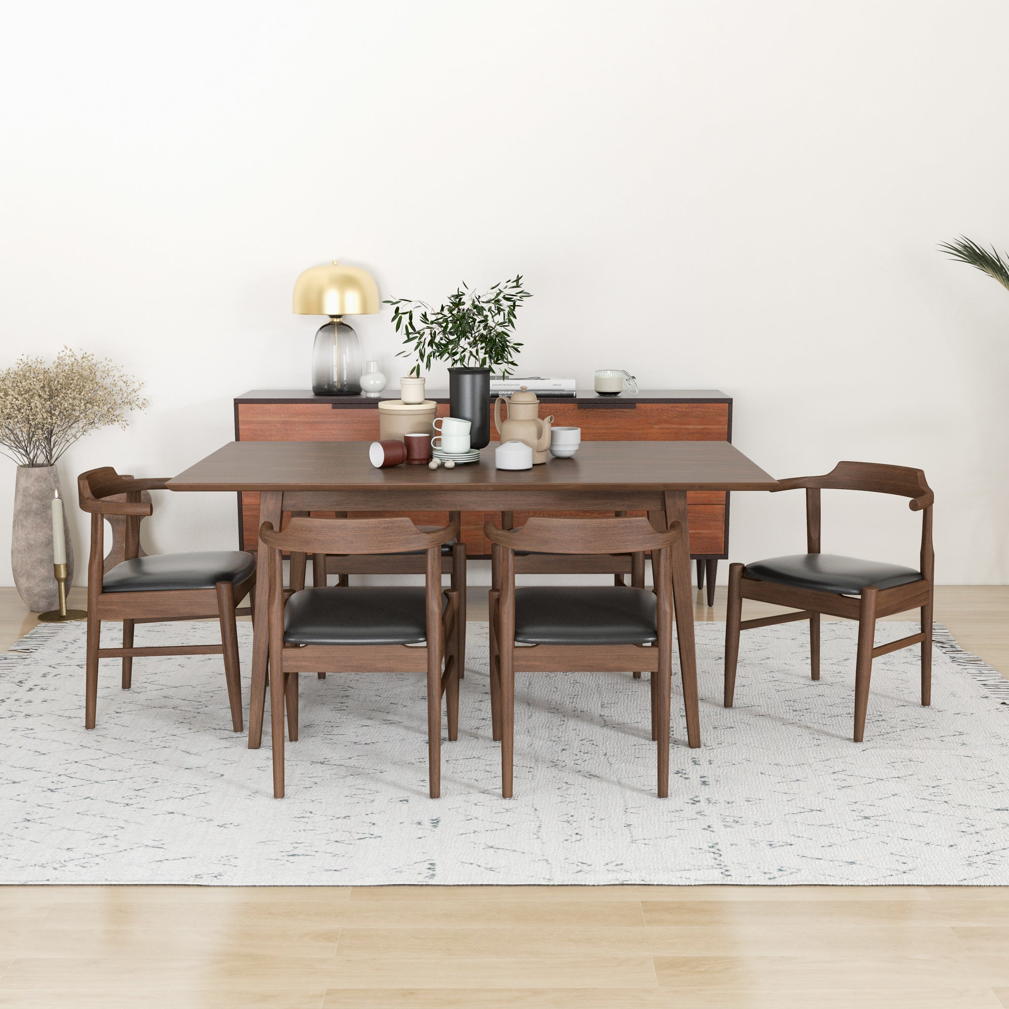 Dining Set, Alpine Large Table Walnut with 6 Zola Chairs Black PU