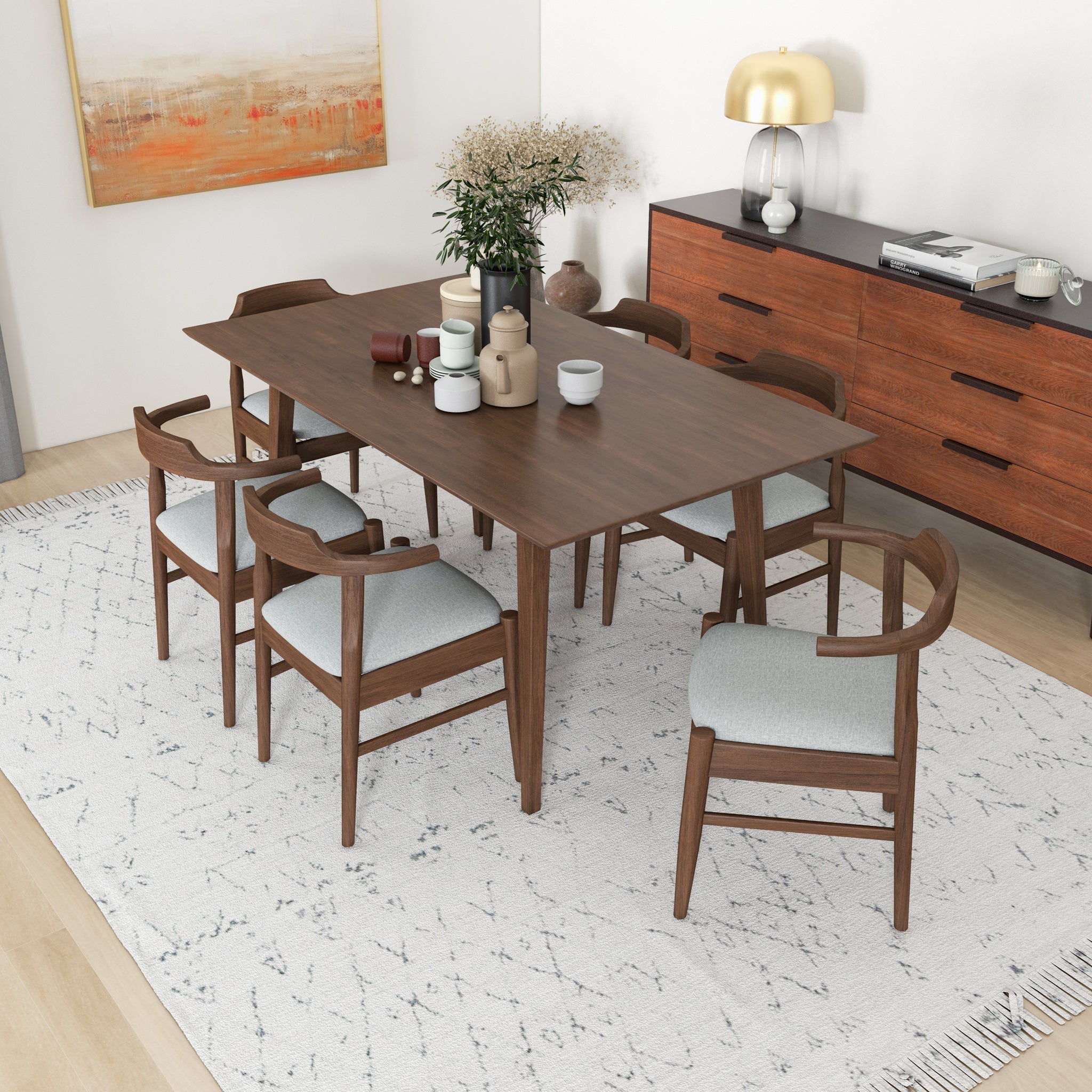 Alpine Large Walnut Dining Set with 6 Zola Gray Fabric Dining Chairs