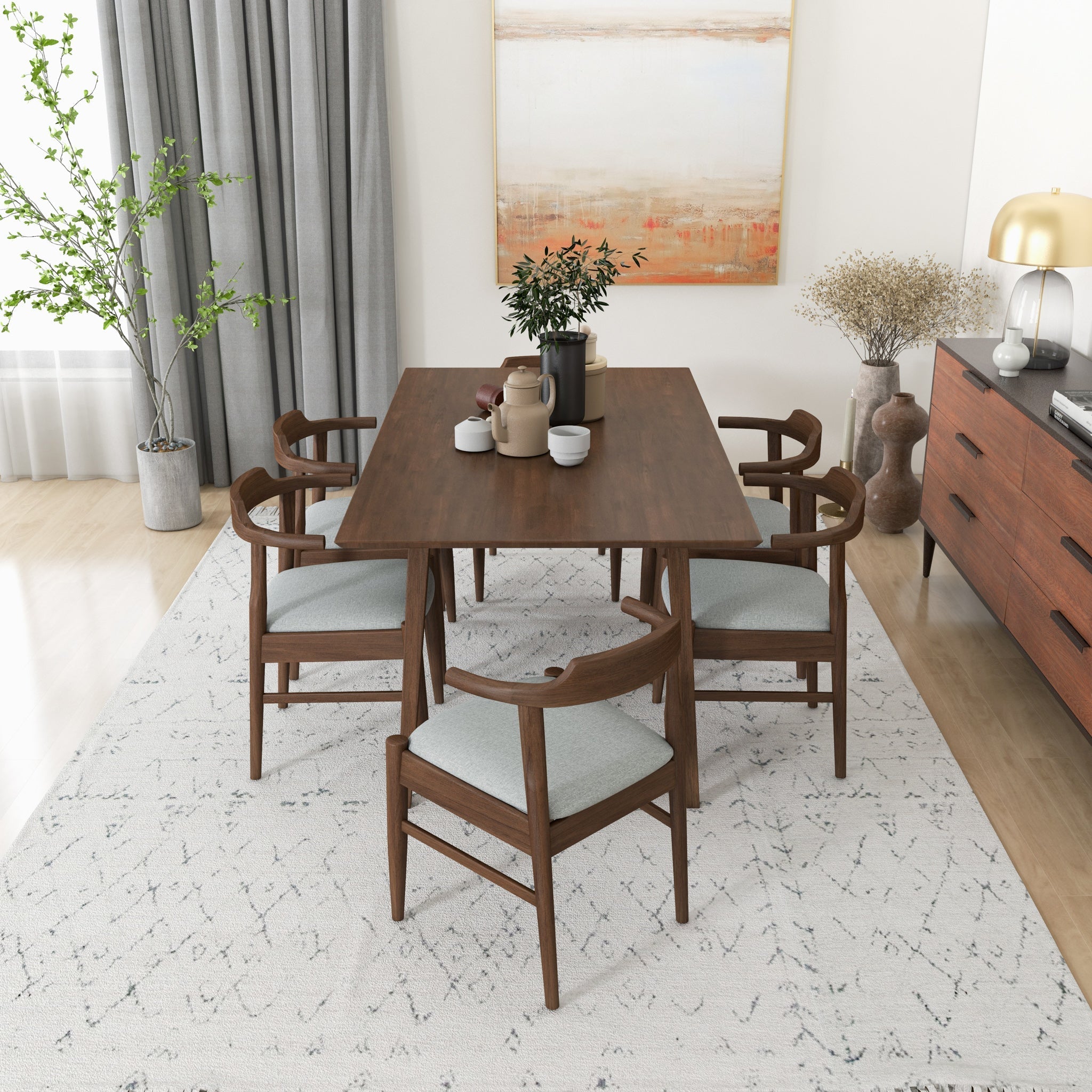 Alpine Large Walnut Dining Set with 6 Zola Gray Fabric Dining Chairs