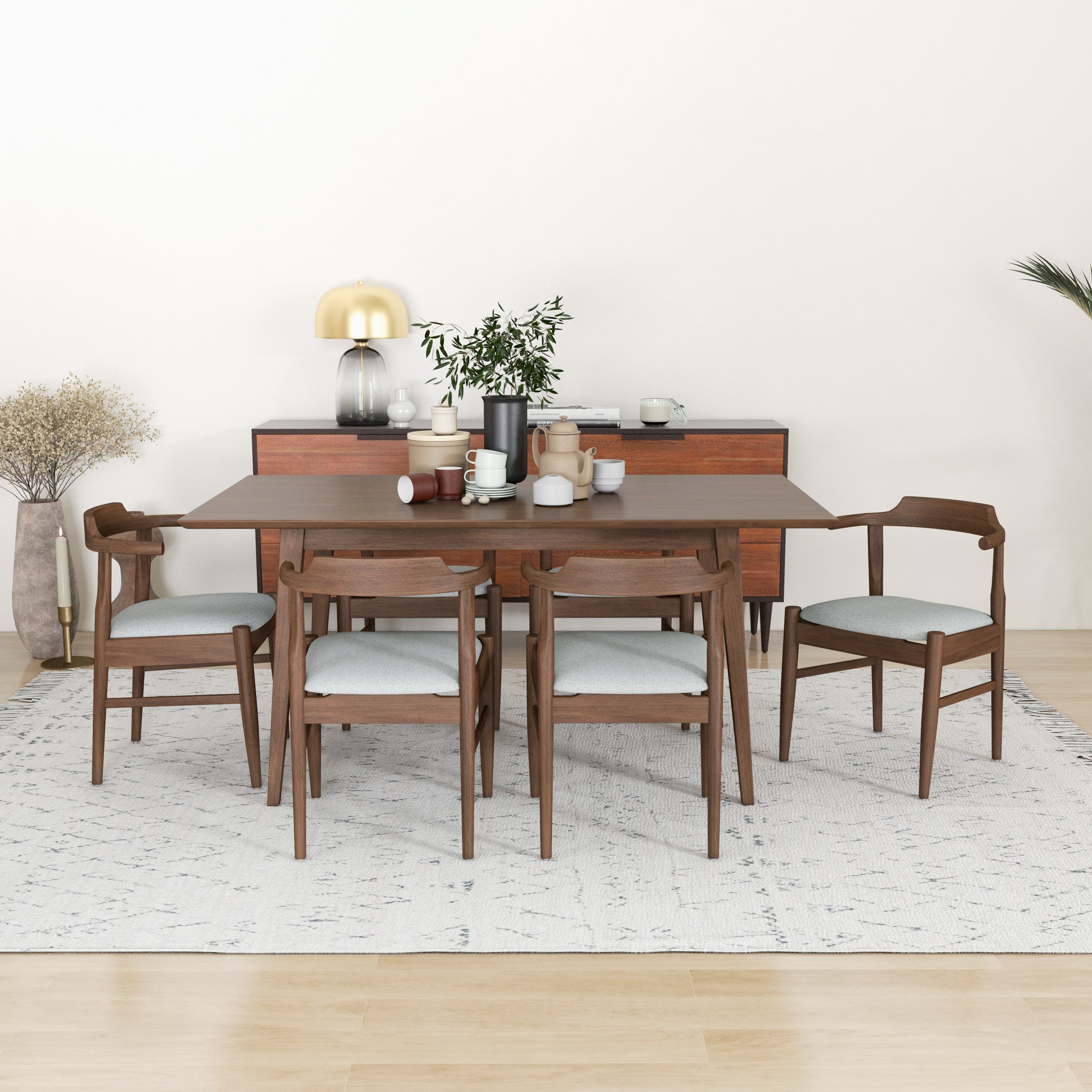 Alpine Large Walnut Dining Set with 6 Zola Gray Fabric Dining Chairs