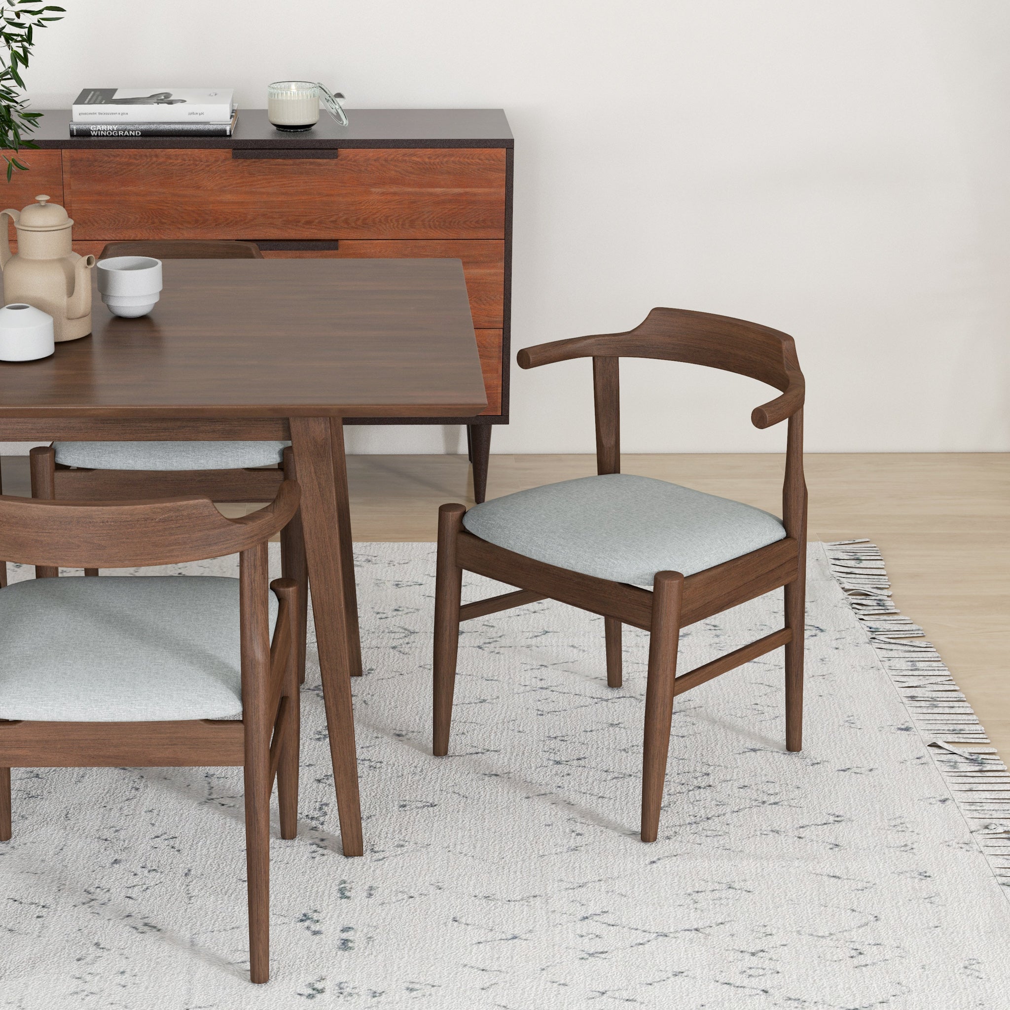 Alpine Large Walnut Dining Set with 6 Zola Gray Fabric Dining Chairs