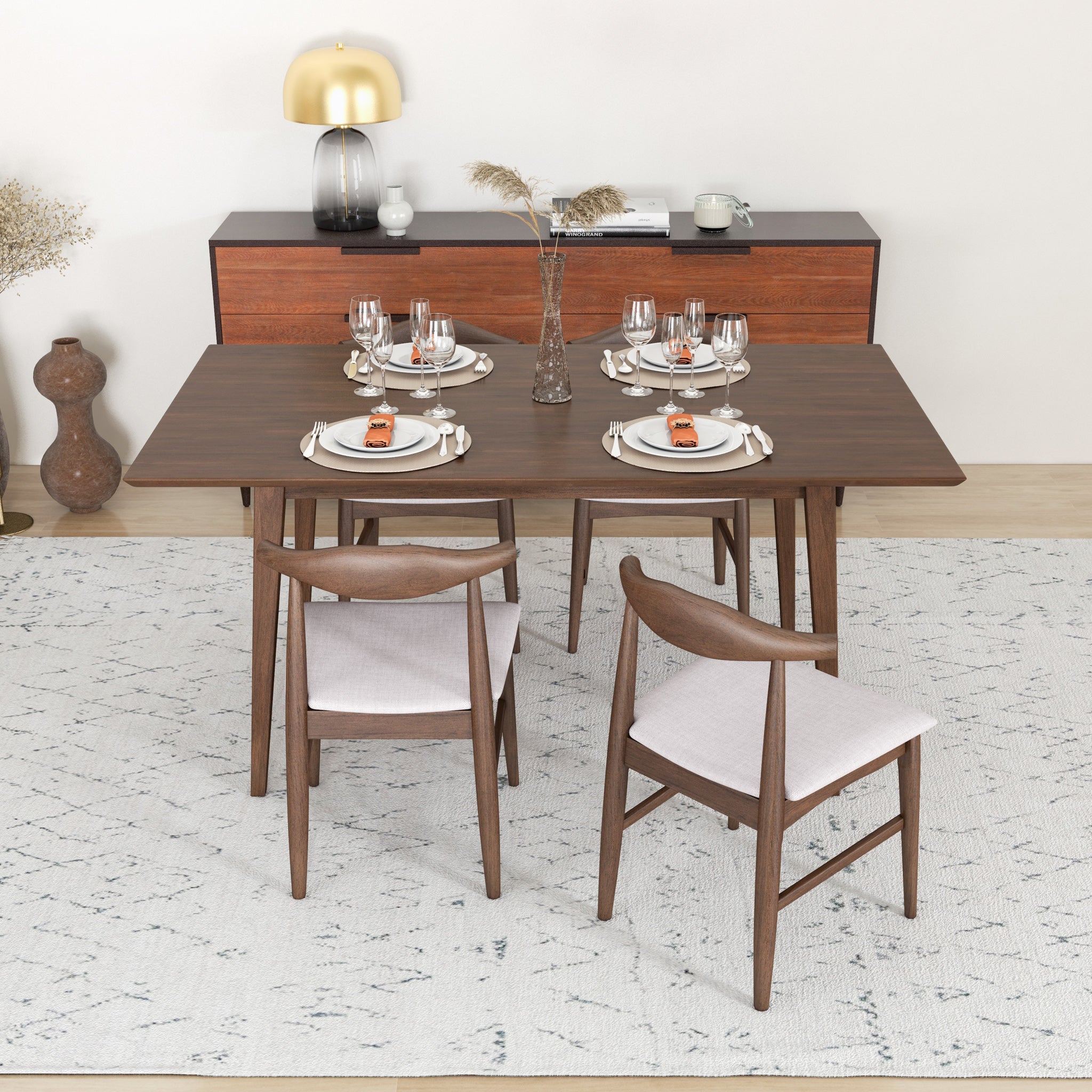 Alpine Large Walnut Dining Set with 4 Winston Beige Dining Chairs