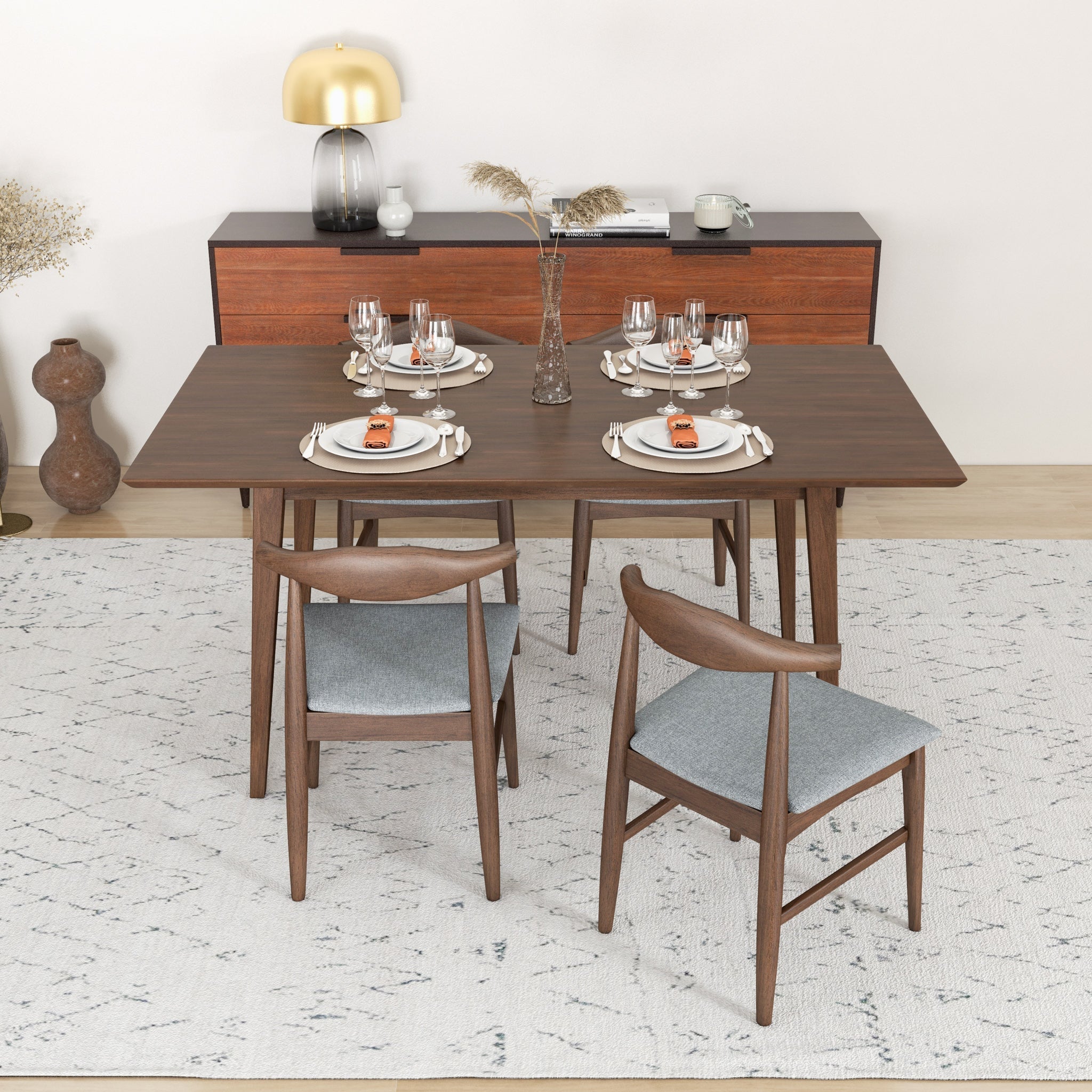 Alpine Large Walnut Dining Set with 4 Winston Gray Dining Chairs