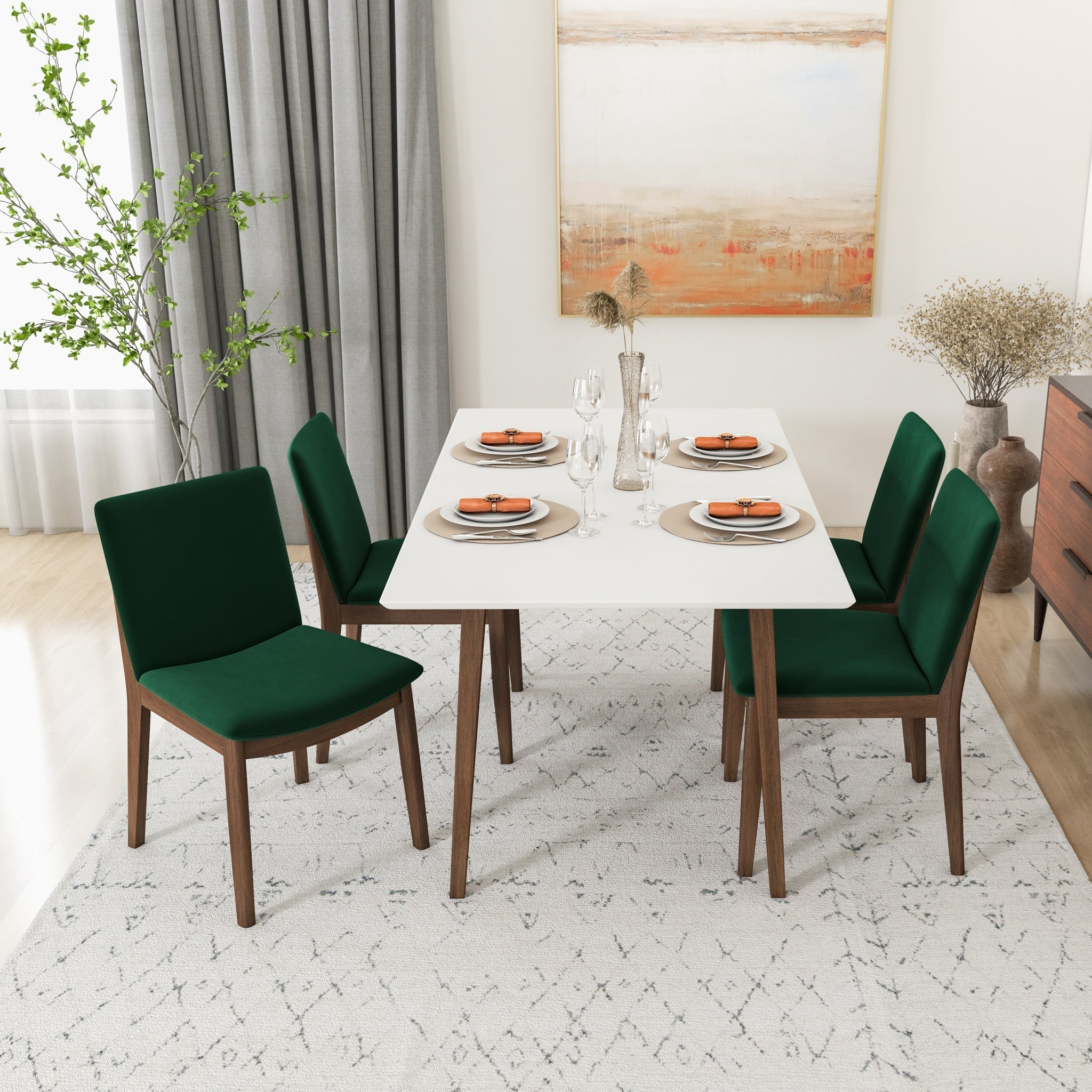 Alpine Large White Dining Set with 4 Virginia Green Velvet Dining Chairs