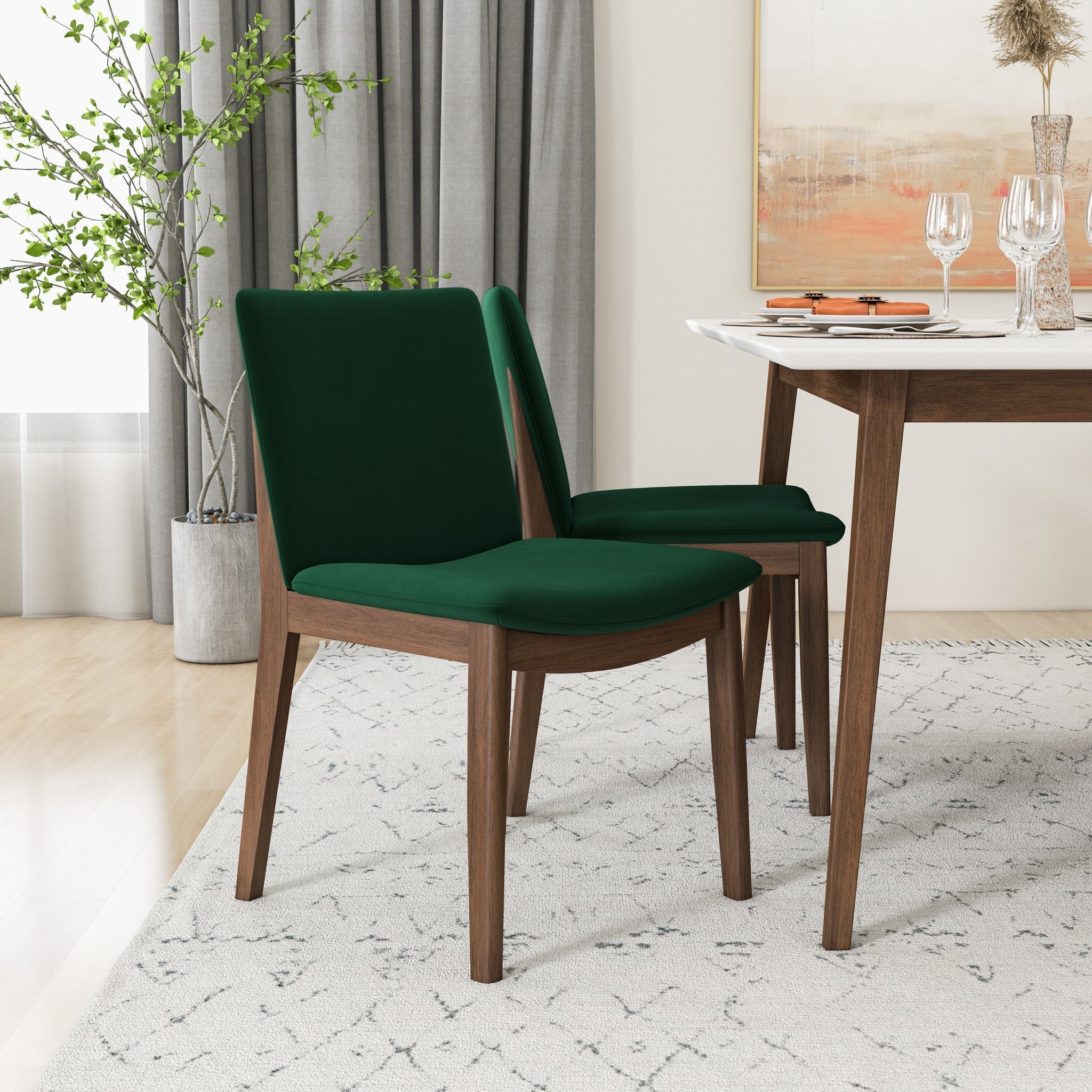 Alpine Large White Dining Set with 4 Virginia Green Velvet Dining Chairs