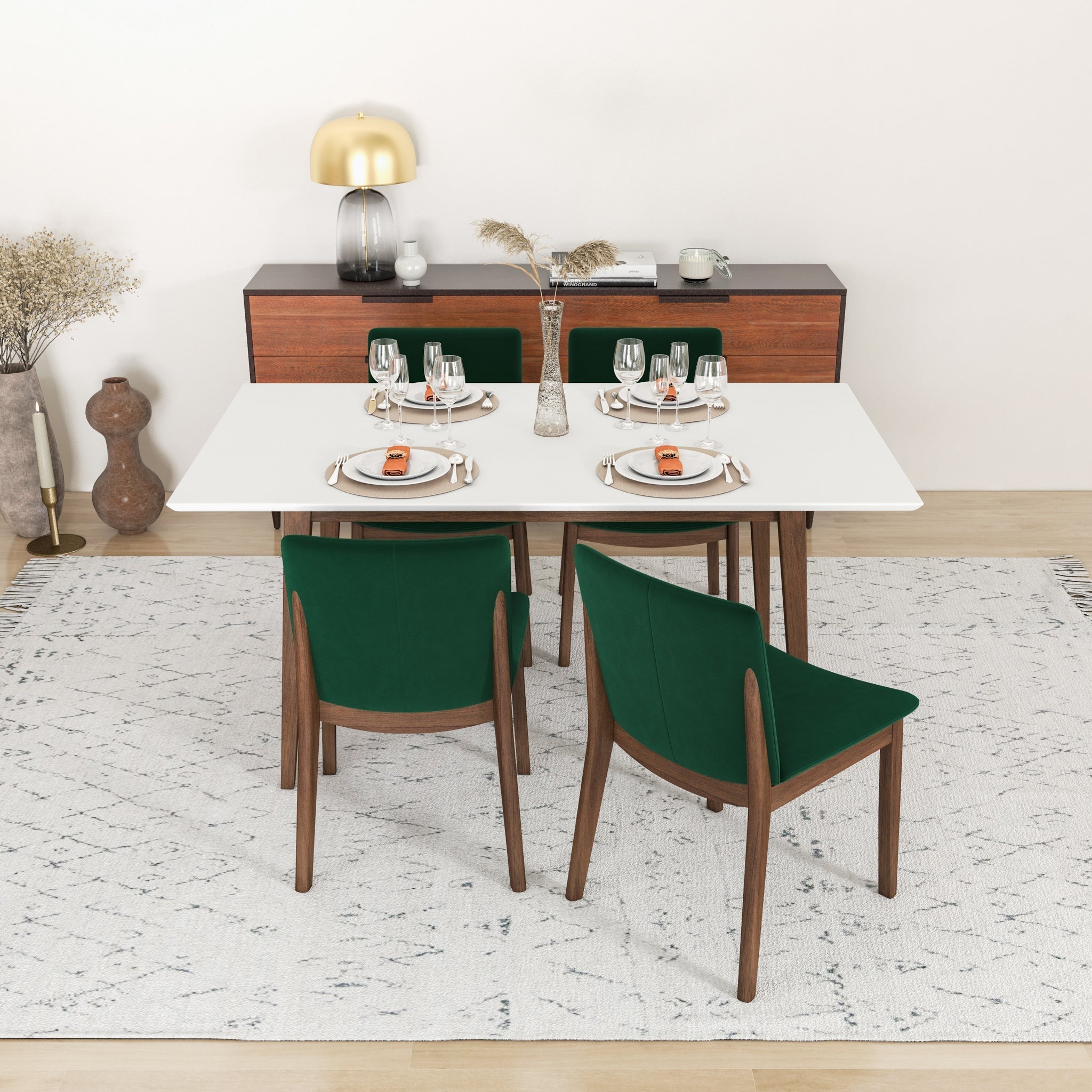 Alpine Large White Dining Set with 4 Virginia Green Velvet Dining Chairs