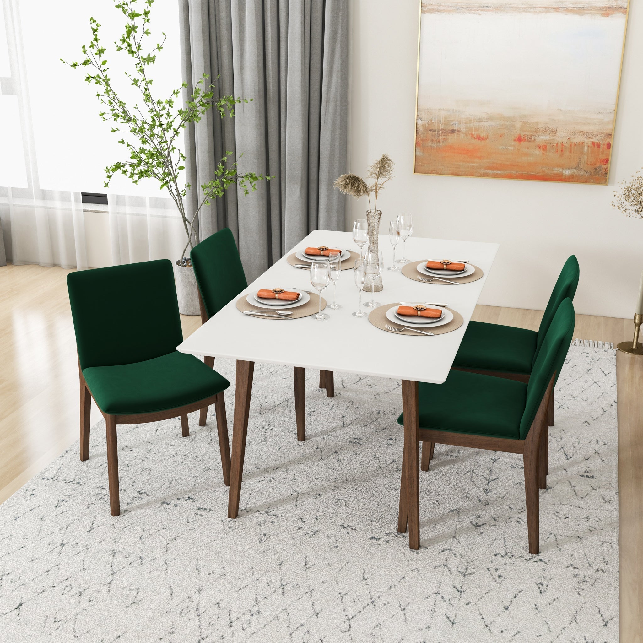 Alpine Large White Dining Set with 4 Virginia Green Velvet Dining Chairs