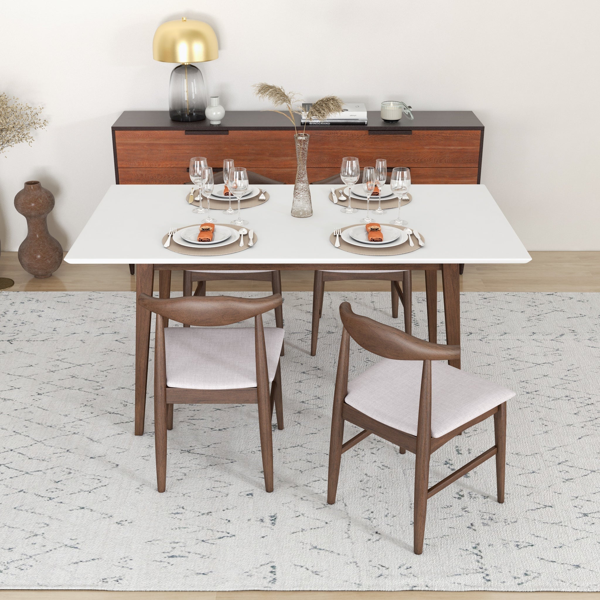 Alpine Large White Dining Set with 4 Winston Beige Dining Chairs