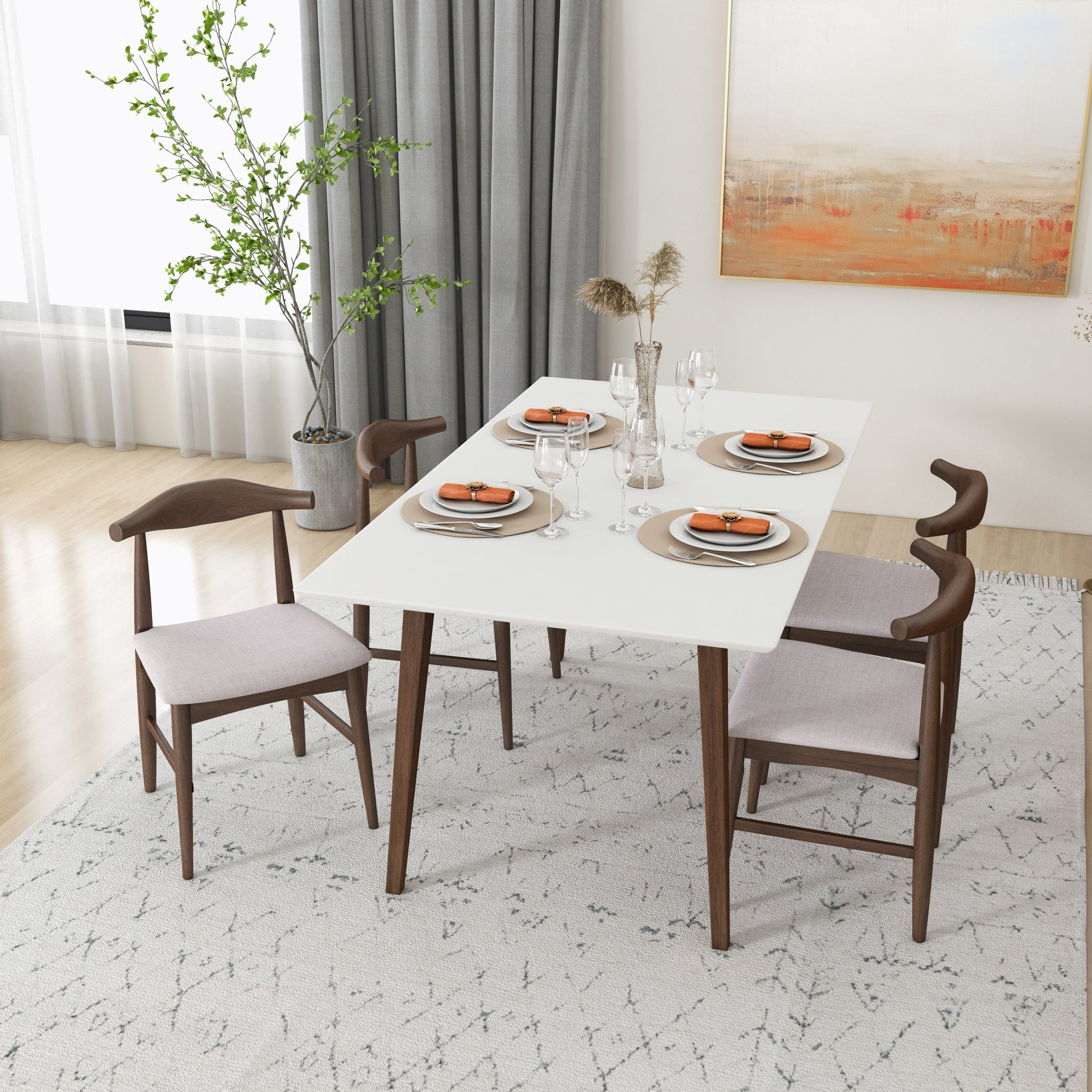 Alpine Large White Dining Set with 4 Winston Beige Dining Chairs