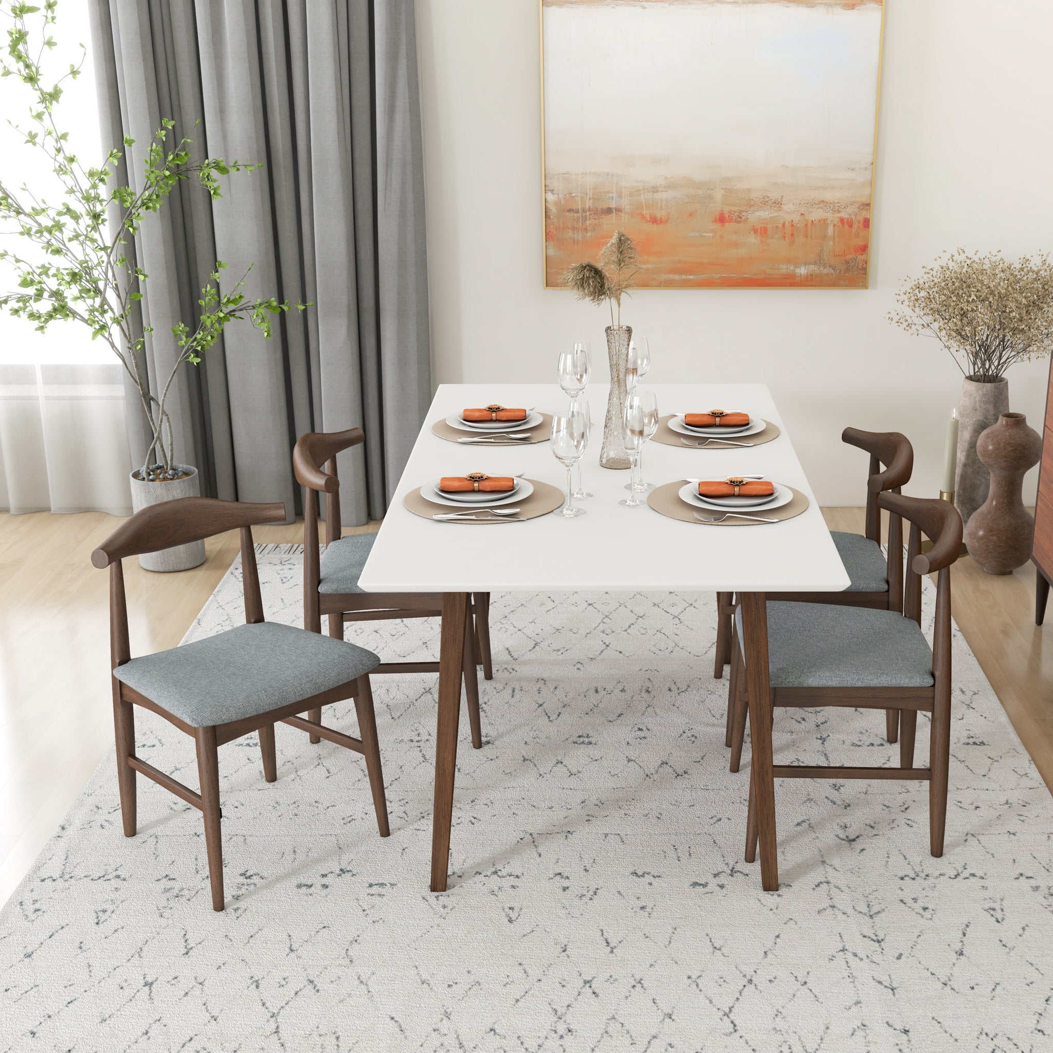 Alpine Large White Dining Set with 4 Winston Gray Dining Chairs