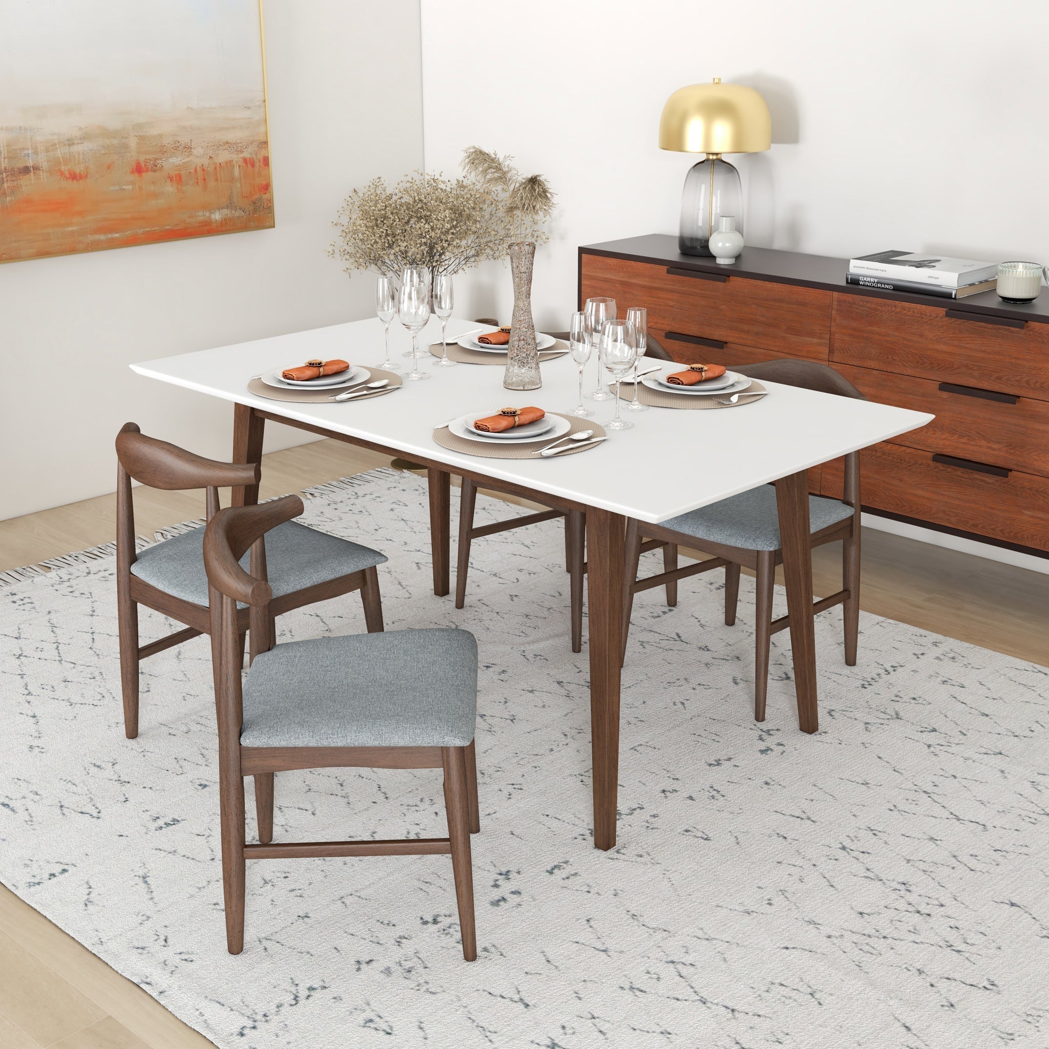 Alpine Large White Dining Set with 4 Winston Gray Dining Chairs