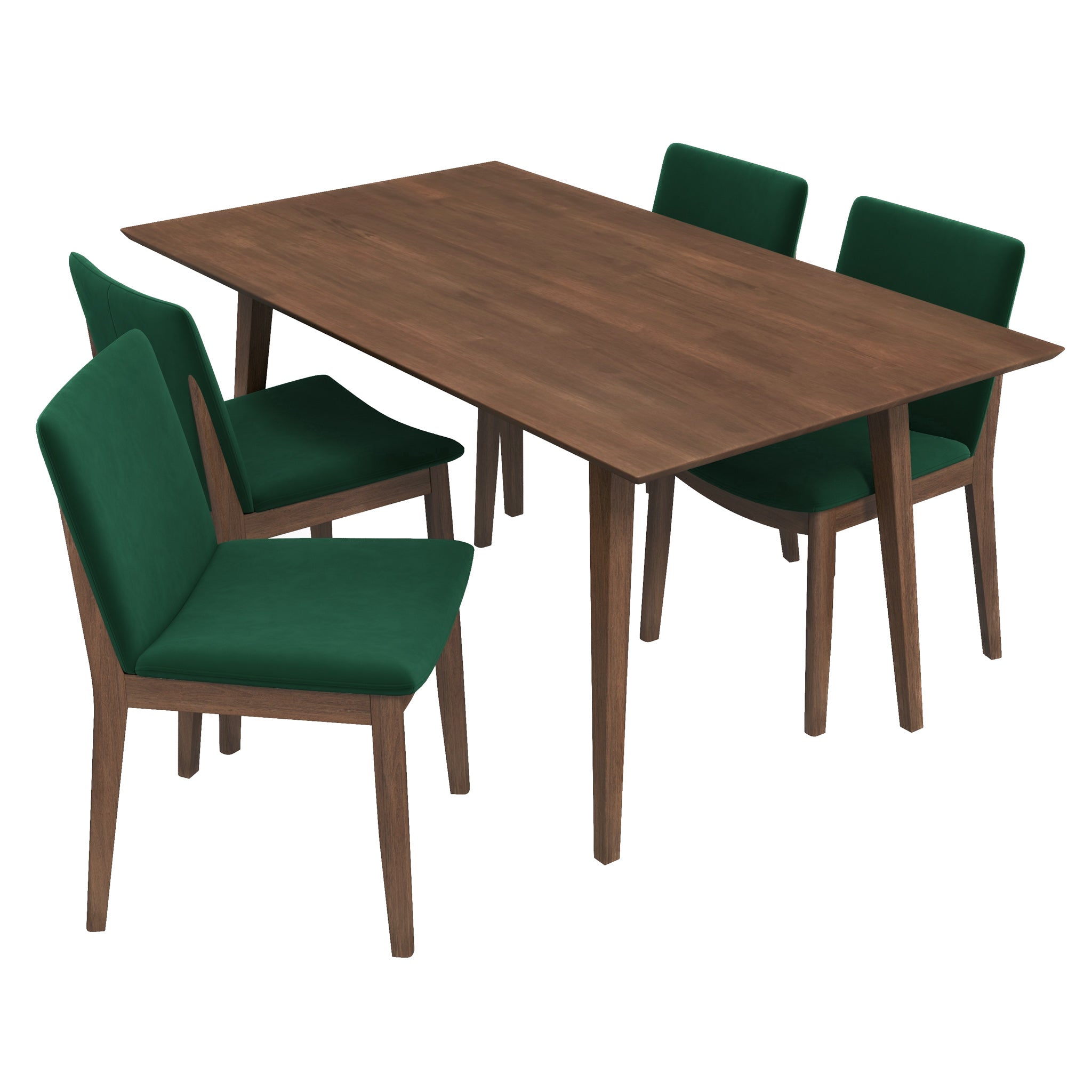 Alpine Large Walnut Dining Set with 4 Virginia Green Velvet Dining Chairs